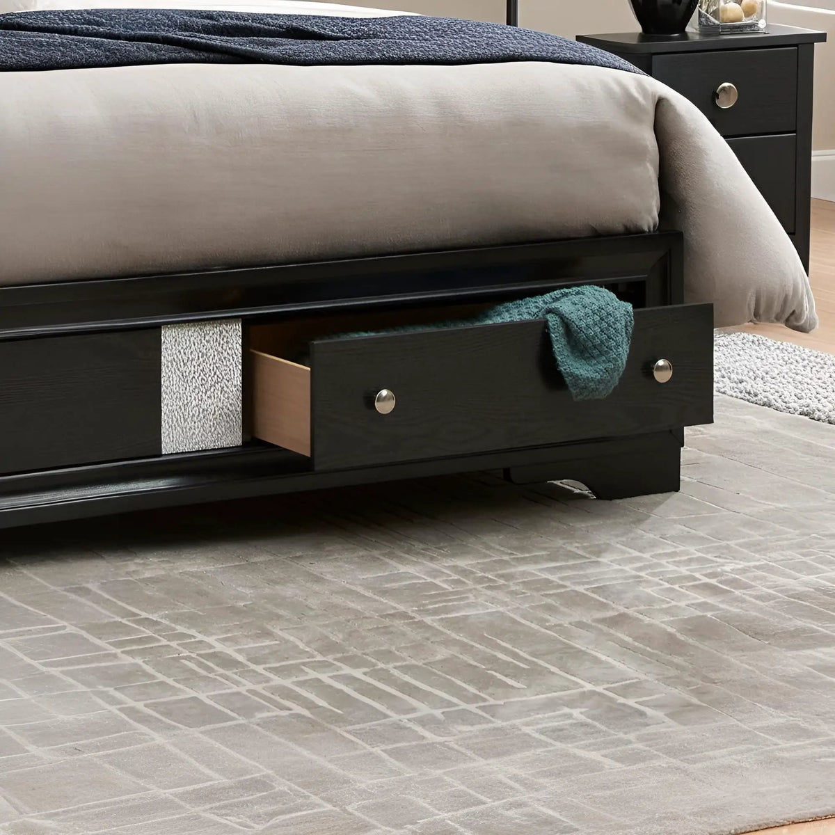 Madrid Queen Storage Bed | Two Built-In Drawers | Nickel Handles | Black Wood Grain Finish