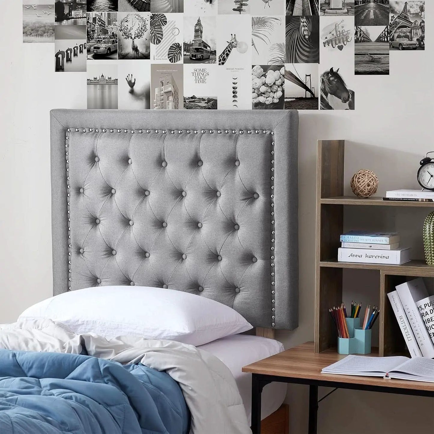 Tufted Linen Gray Dorm Headboard with Nailhead Trim from PriceLows™