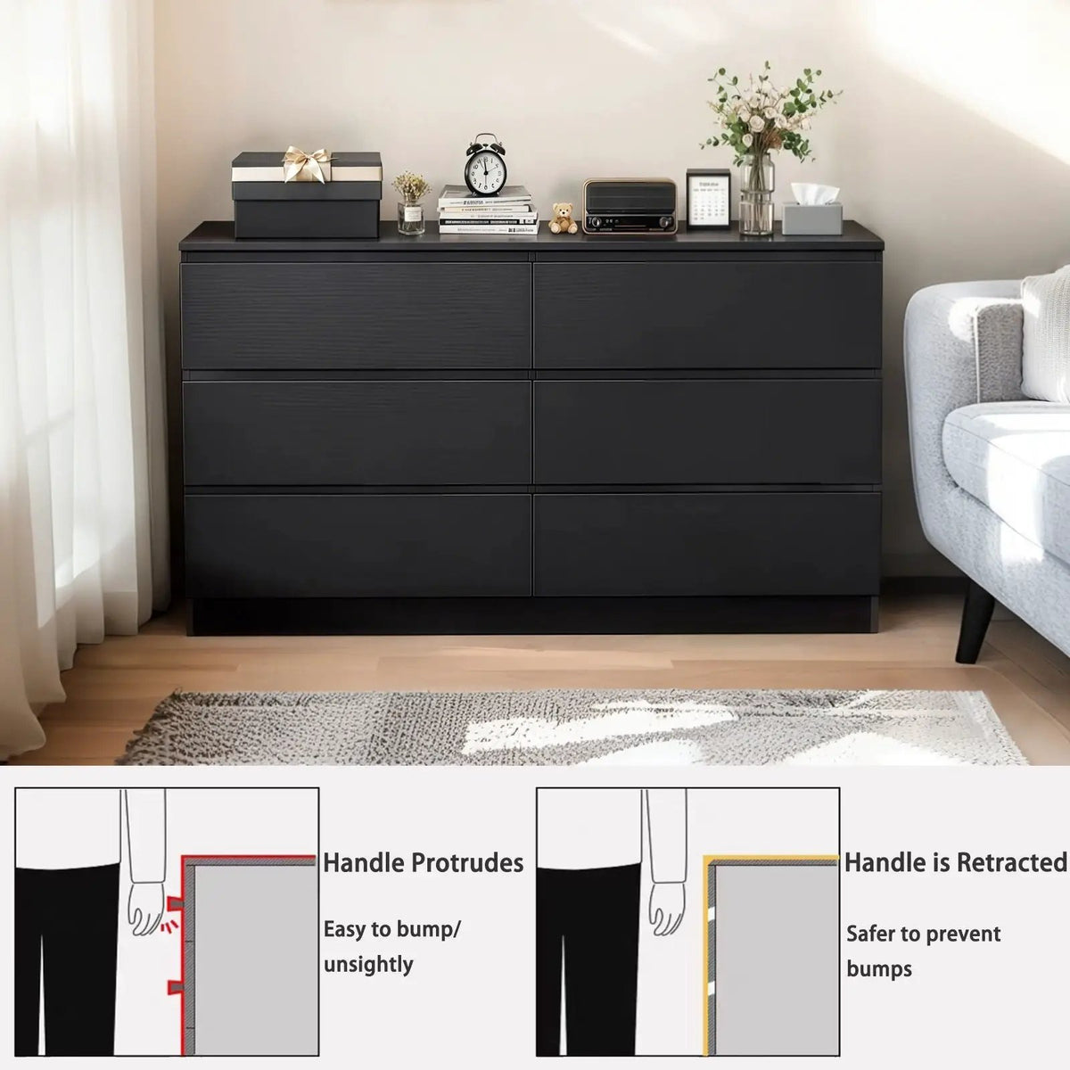 6 Drawer Dresser | Spacious Countertop | Concealed Handles | 47 Inch Width