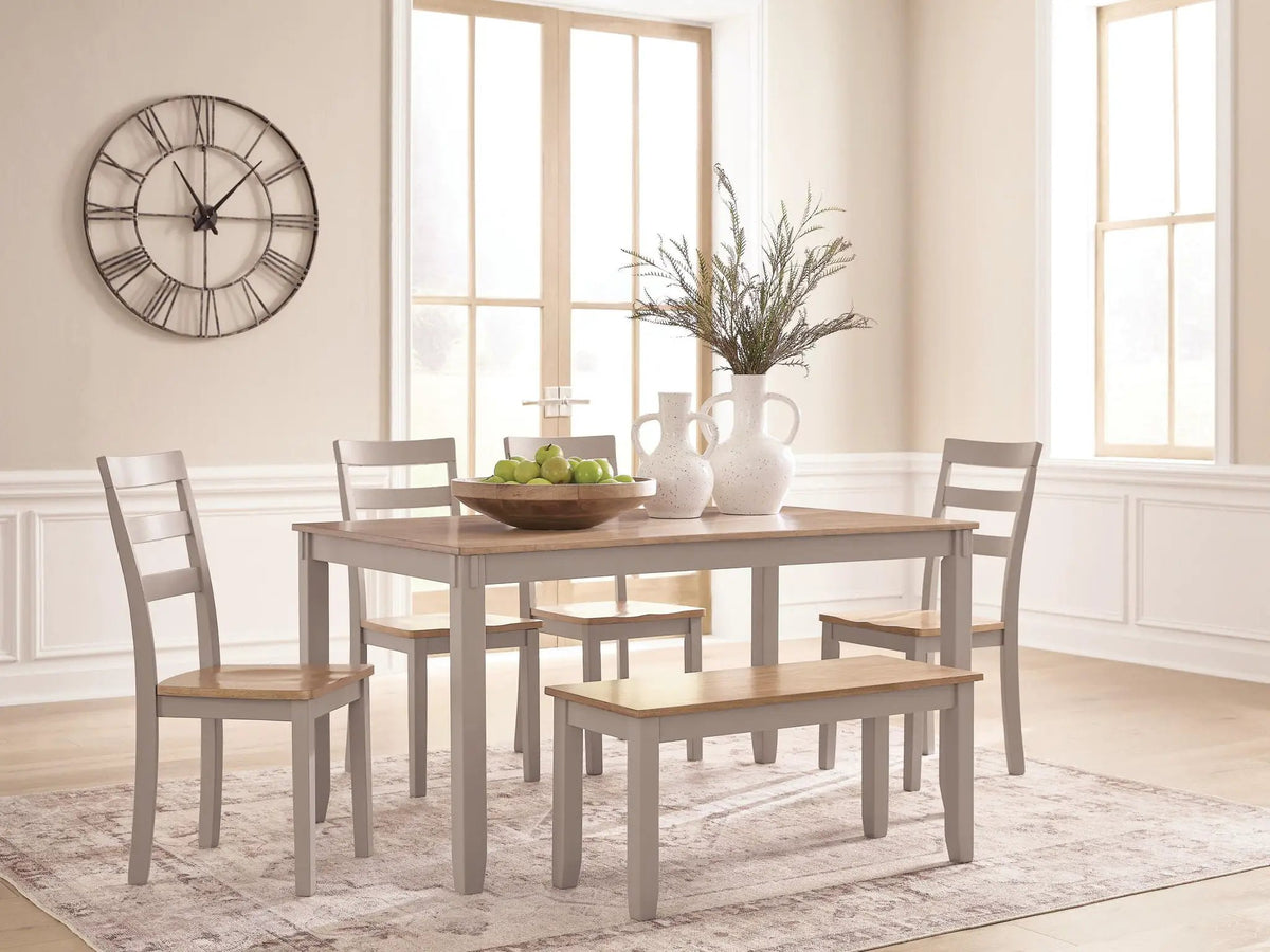 Dining Table Set | 6 Piece | Natural Gray Finish | With Bench And Chairs