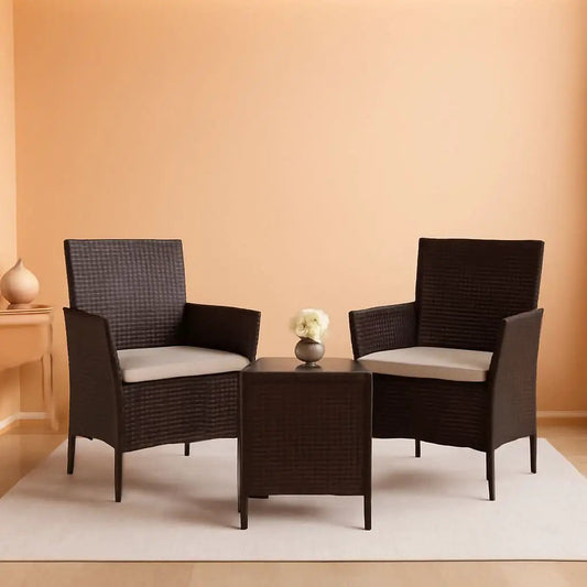 Patio Set 3 Piece All Weather Rattan Glass Table Brown from PriceLows™