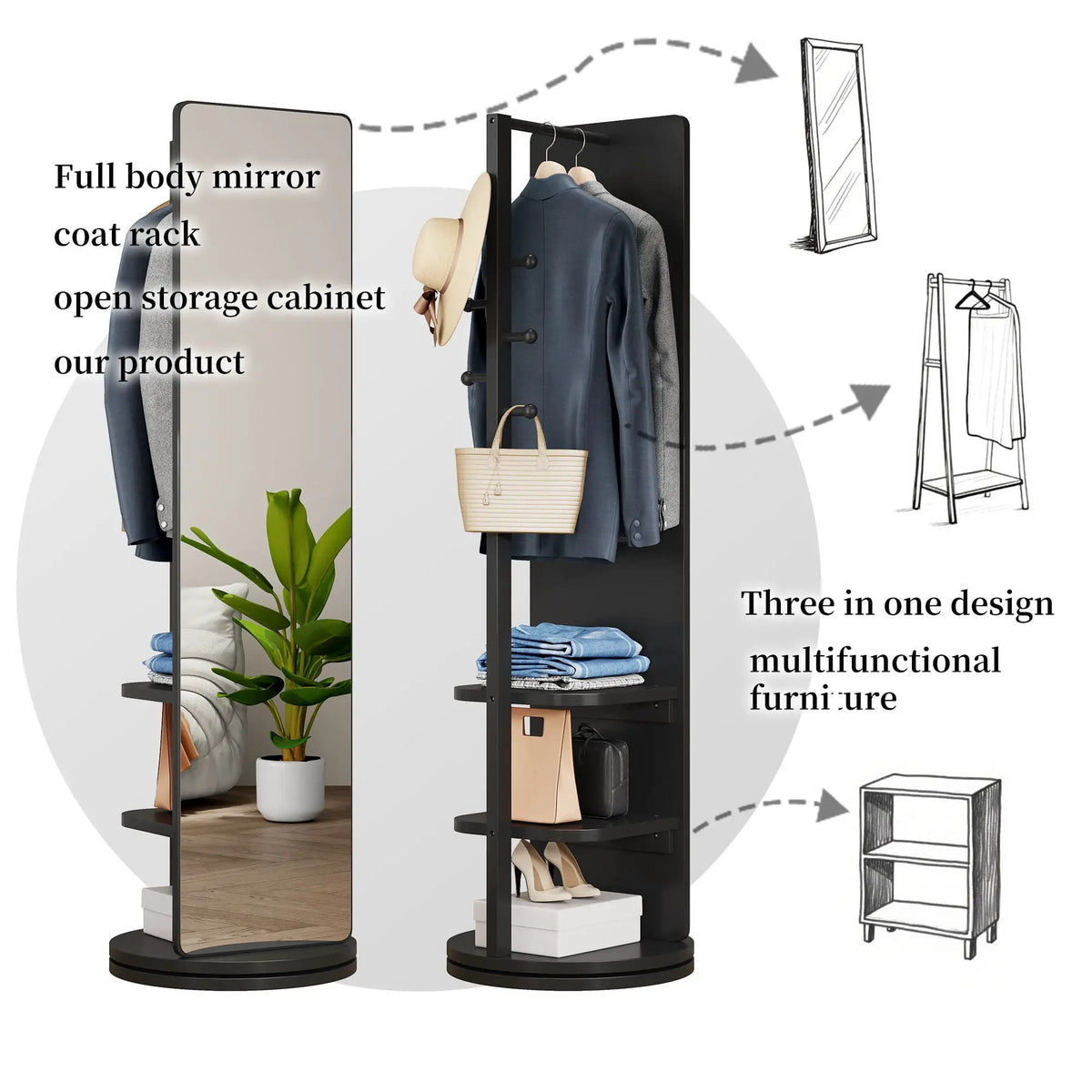 Full Length Mirror | 360 Rotation Design | Solid Wood Rack