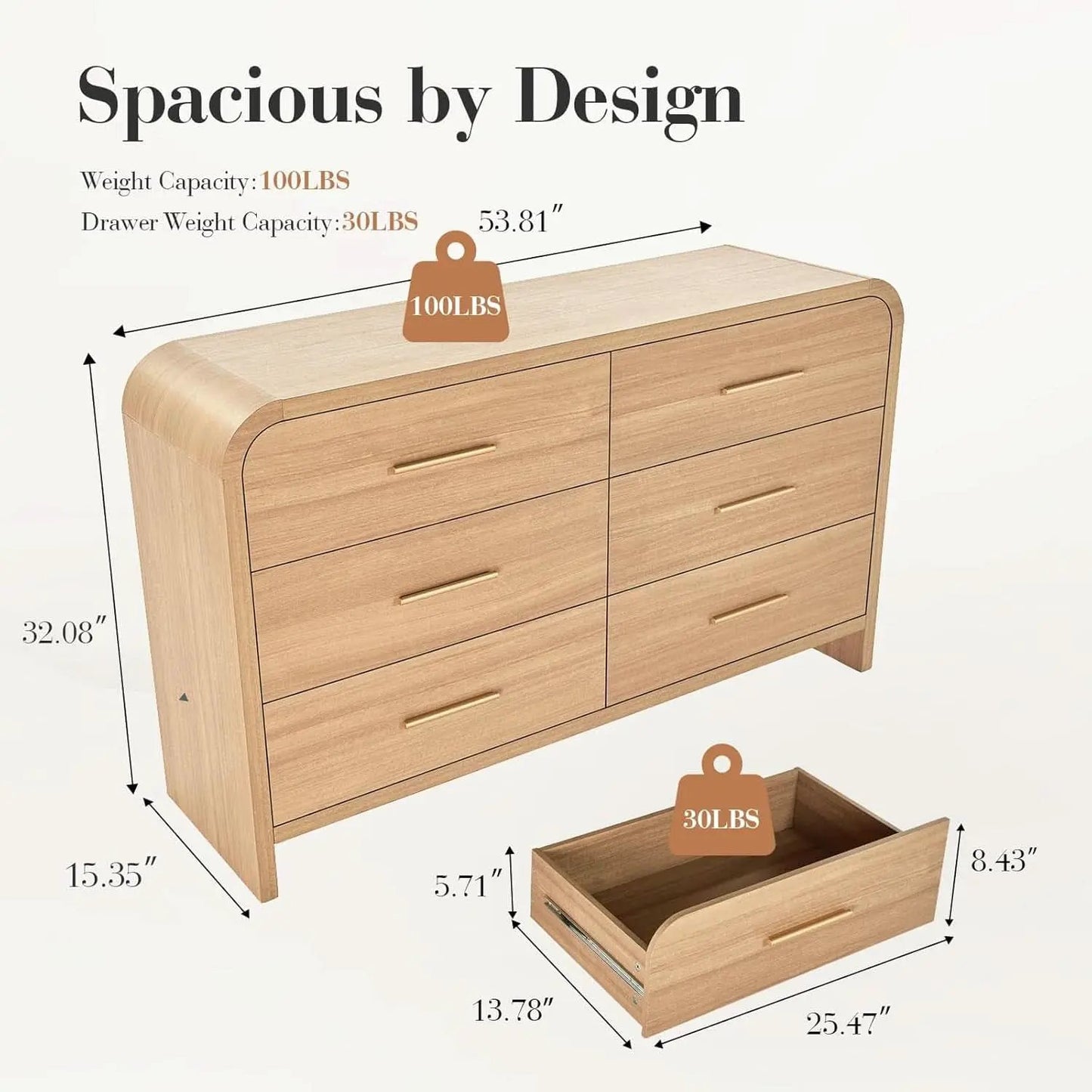 Curved Dresser 54Inch Oak Finish Contemporary Storage from PriceLows™
