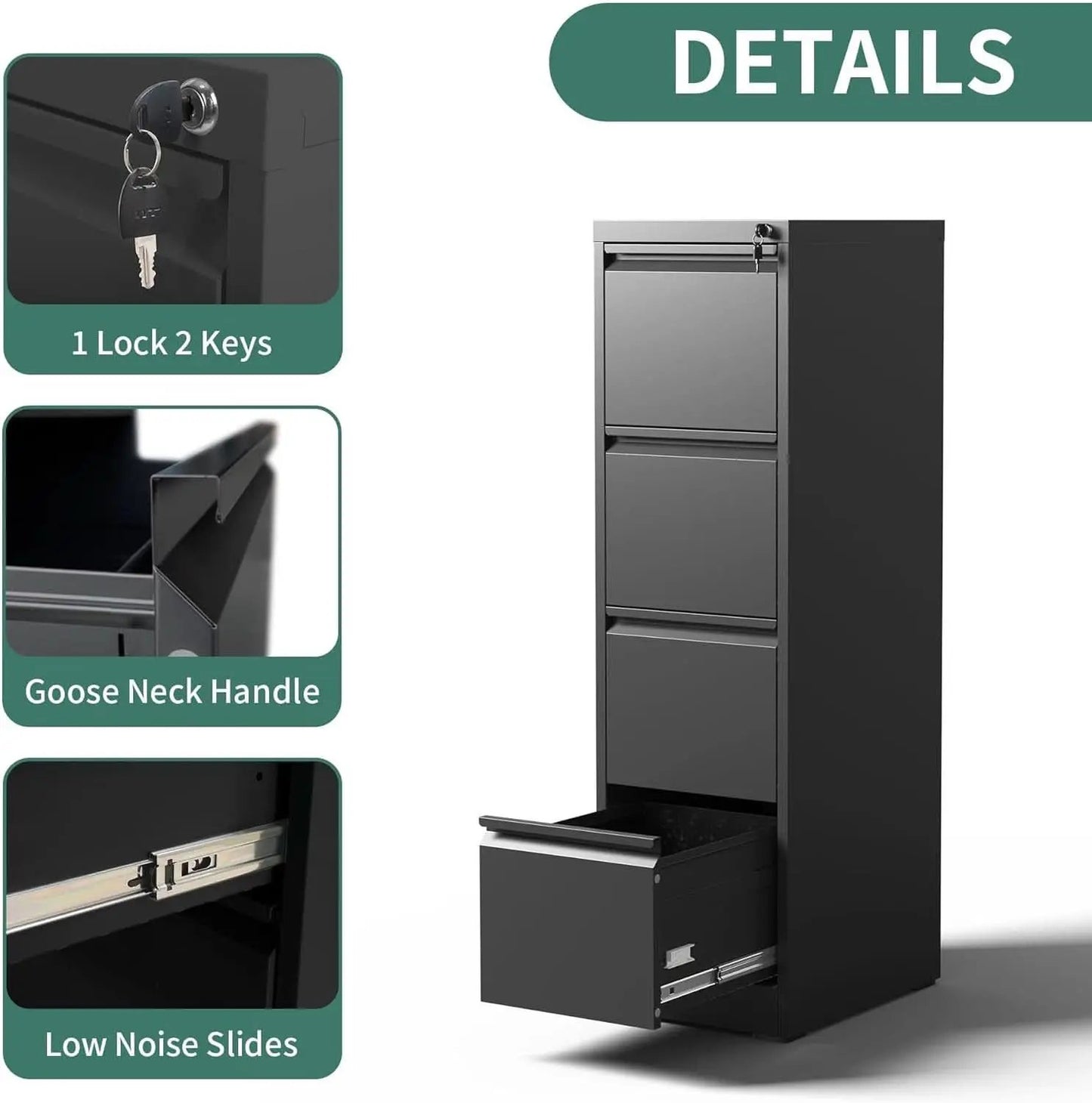 4 Drawer File Cabinet With Lock Black Metal Vertical Filing Cabinet from PriceLows™