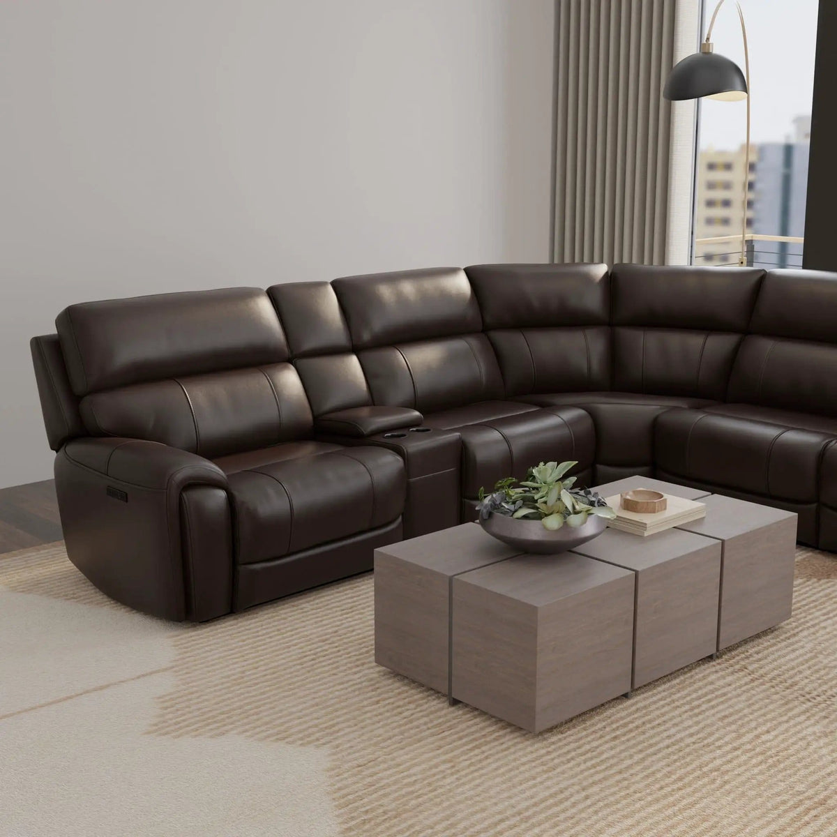 Brazil Power Sectional With Adjustable Headrest & Footrest | Reclining Sectional | Leather & Metal | Dark Brown