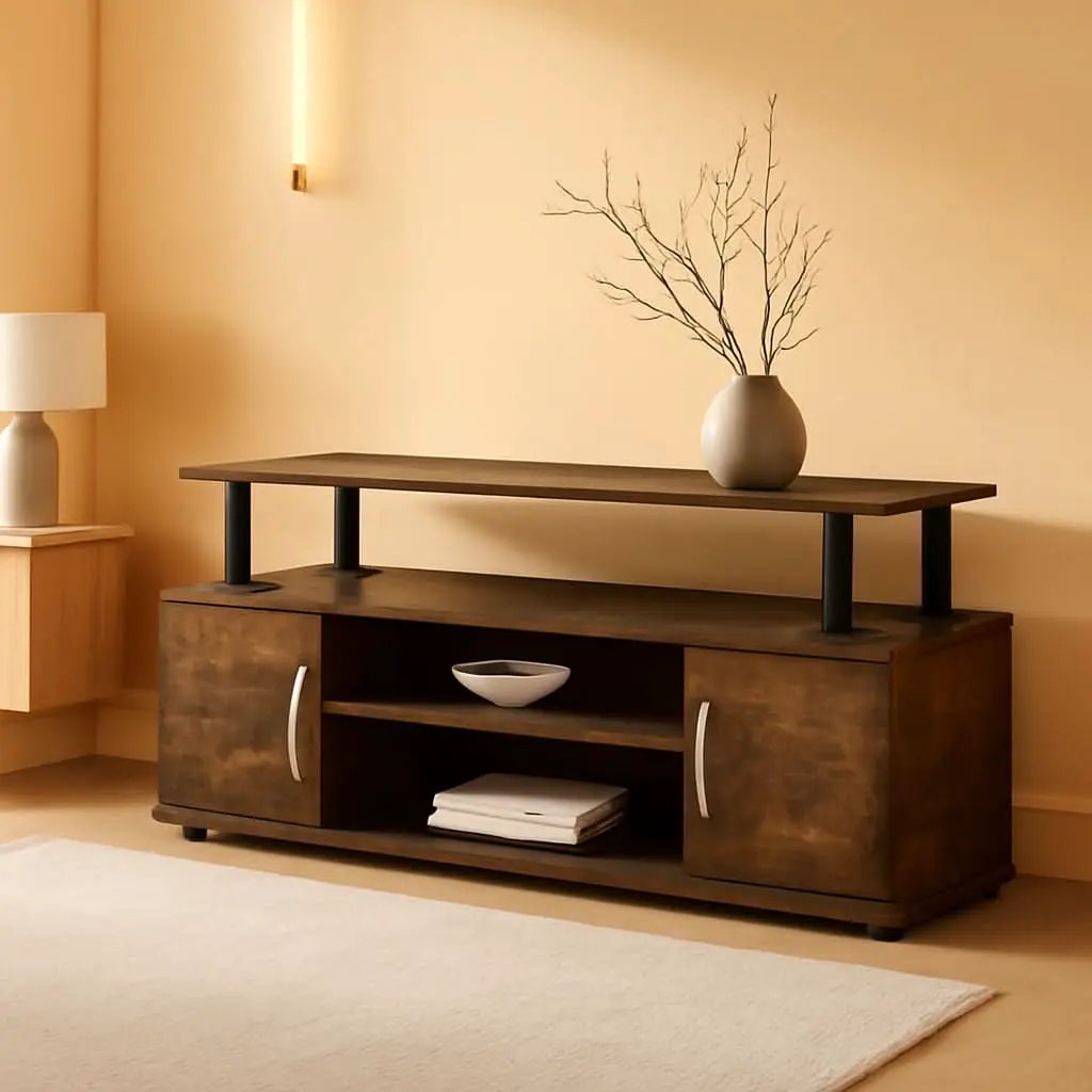 Jaya Amber Pine TV Stand for 55 Inch TV Open Shelves Black from PriceLows™