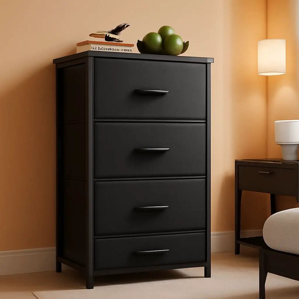 Black Textured Fabric Dresser With Four Deep Drawers from PriceLows™