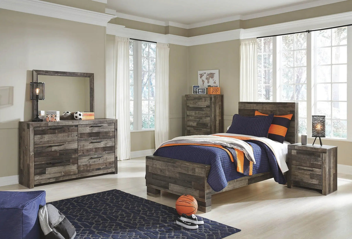 Derekson Youth Panel Bedroom Set | 4-Piece | Rustic Butcher Block Finish | Replicated Pine Grain
