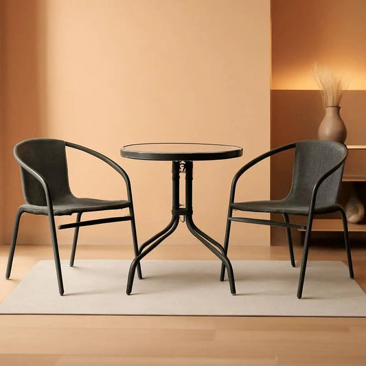 3-Piece Patio Dining Set With Round Glass Table And Stackable Rattan Chairs Gray from PriceLows™