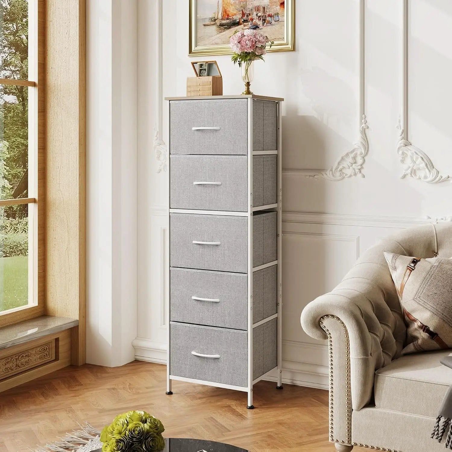 Light Grey Fabric Dresser 5 Drawer Organizer Storage Solution from PriceLows™