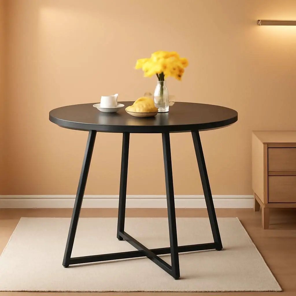 Round Black Woodgrain Top Dining Table With Steel Frame from PriceLows™