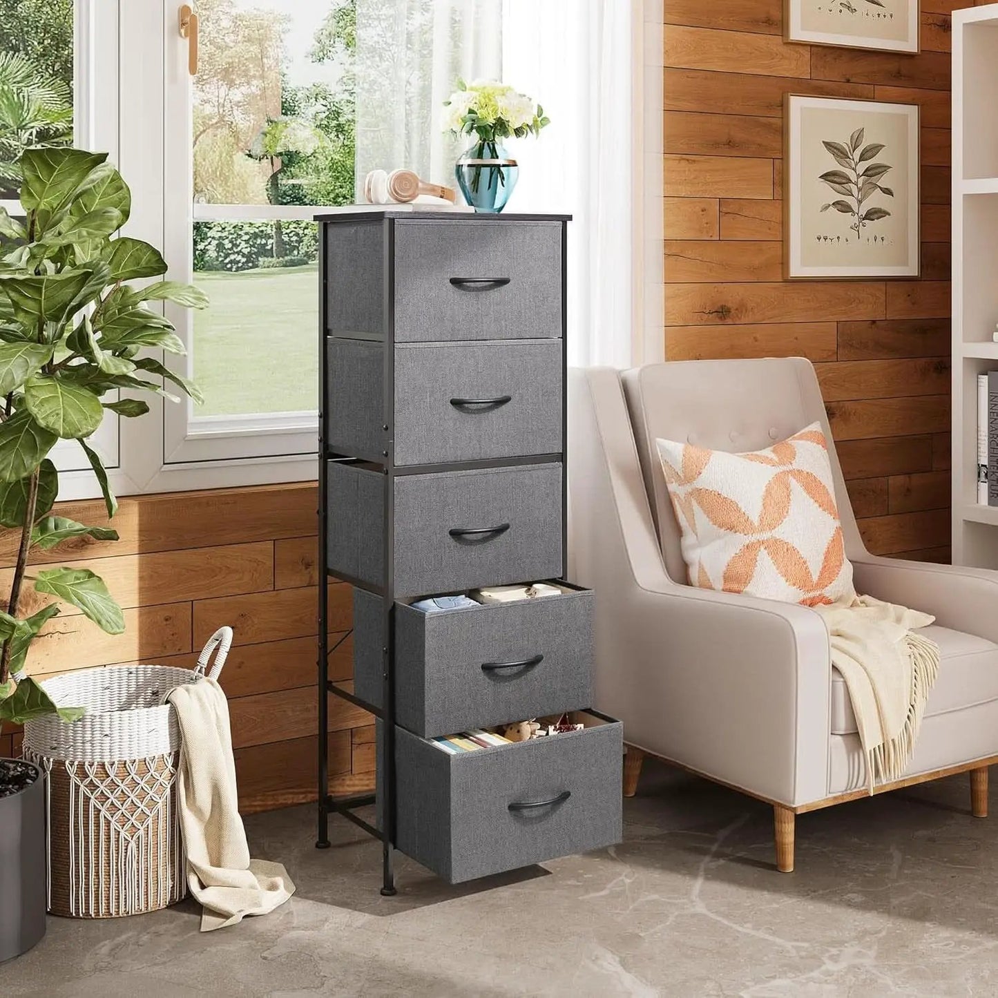 Dark Grey Fabric Dresser 5 Drawer Tall Storage Unit from PriceLows™