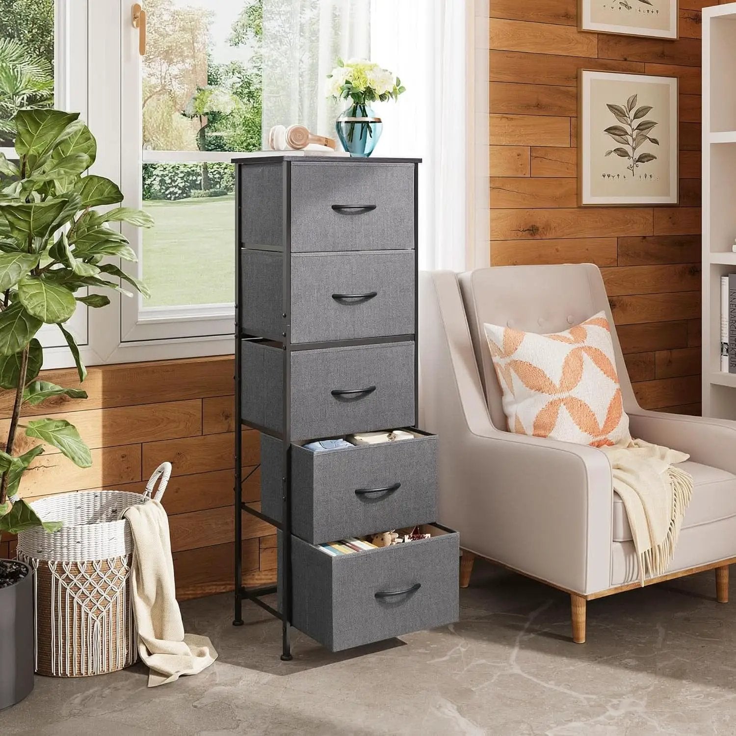 Dark Grey Fabric Dresser 5 Drawer Tall Storage Unit from PriceLows™