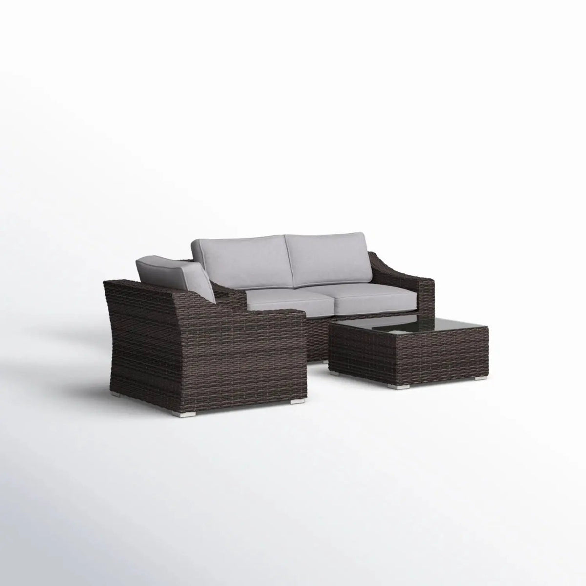 Outdoor Wicker Conversation Set | All-Weather Resin | Tempered Glass Table | 5 Inch Cushions