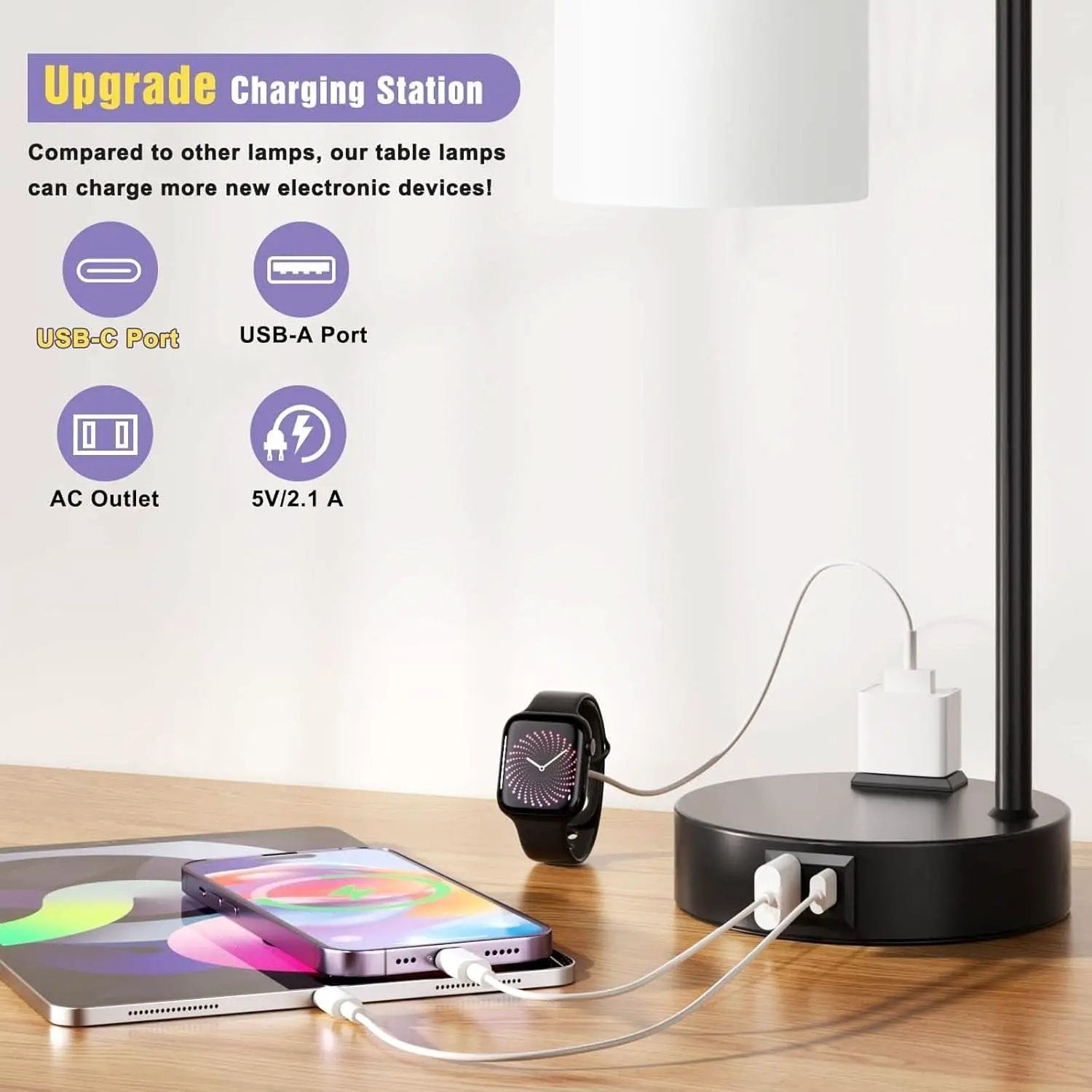 Industrial Touch Bedside Lamps 3-Way Dimmable USB-C from PriceLows™