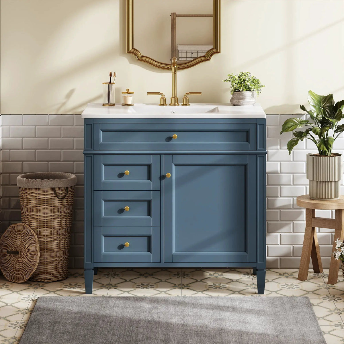 36 Inch Bathroom Vanity With Top Sink | 3 Drawers | Metal Drawer Slides | Ceramic Sink