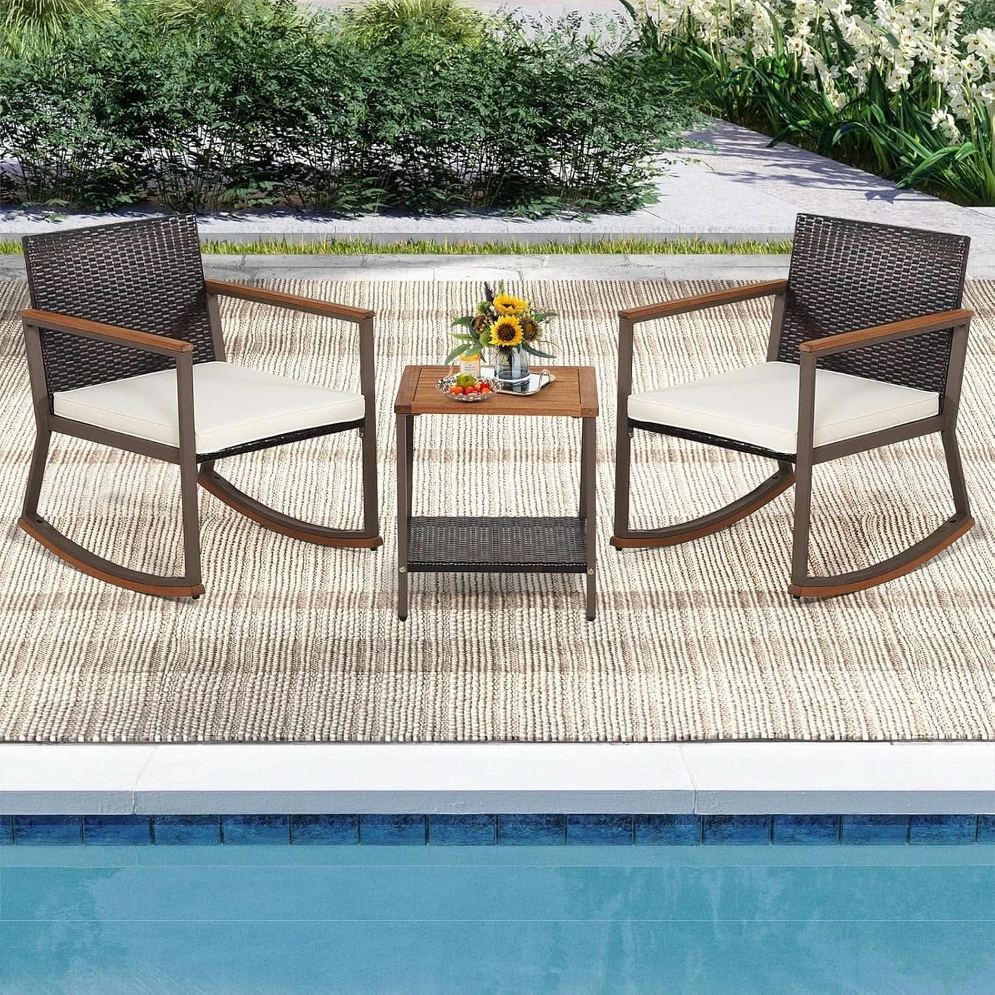Three Piece Rocking Bistro Set With Cushions And Coffee Table For Outdoor Rattan Patio Off White from PriceLows™