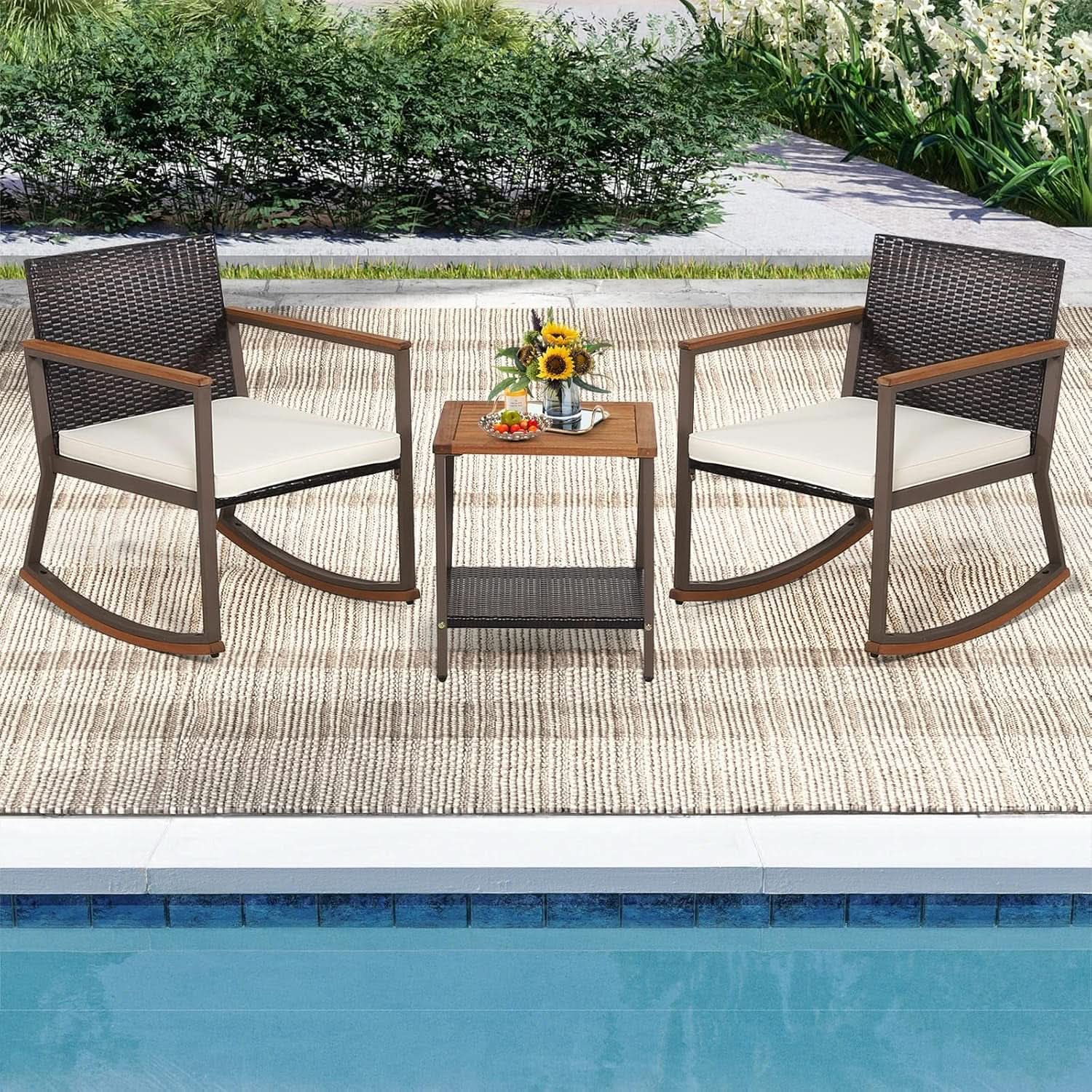 Three Piece Rocking Bistro Set With Cushions And Coffee Table For Outdoor Rattan Patio Off White from PriceLows™
