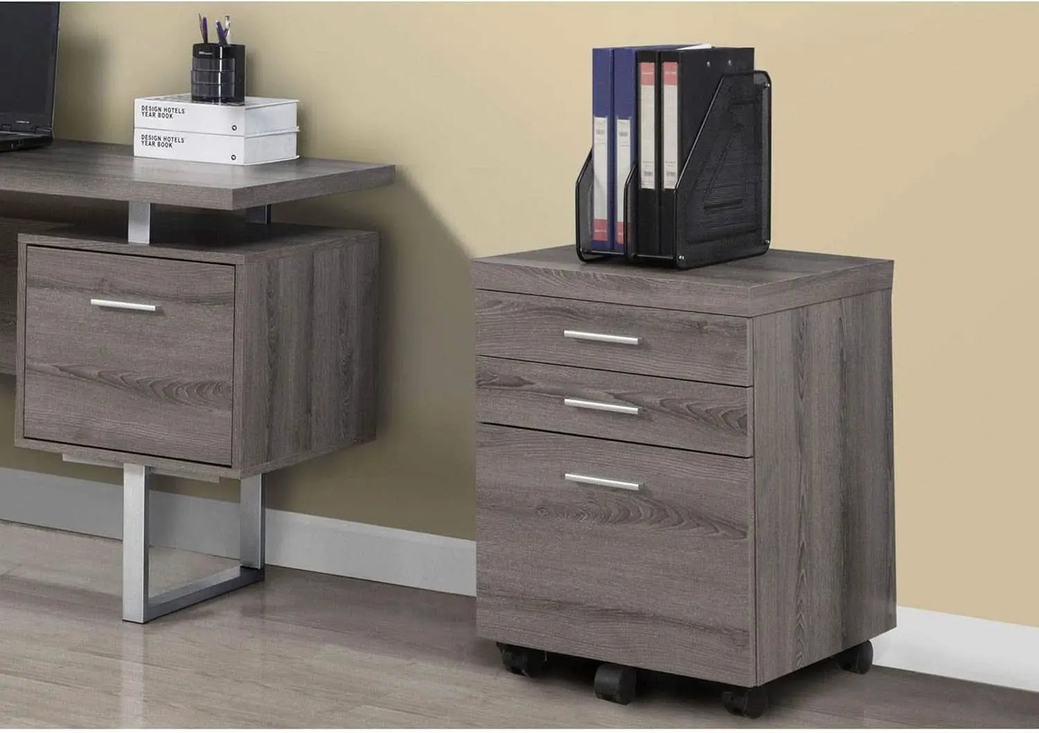 Dark Taupe 3 Drawer File Cabinet With Lockable Castors For Mobile Home Office Use from PriceLows™