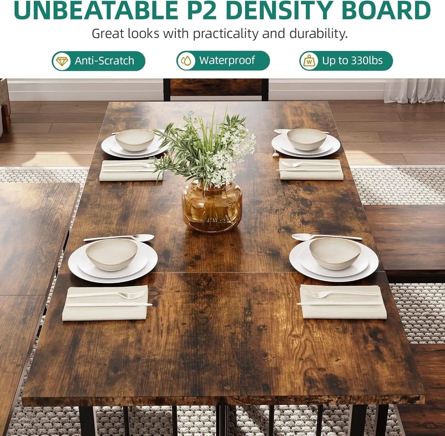 63 Inches Luxurious Farmhouse Dining Table Set Walnut from PriceLows™