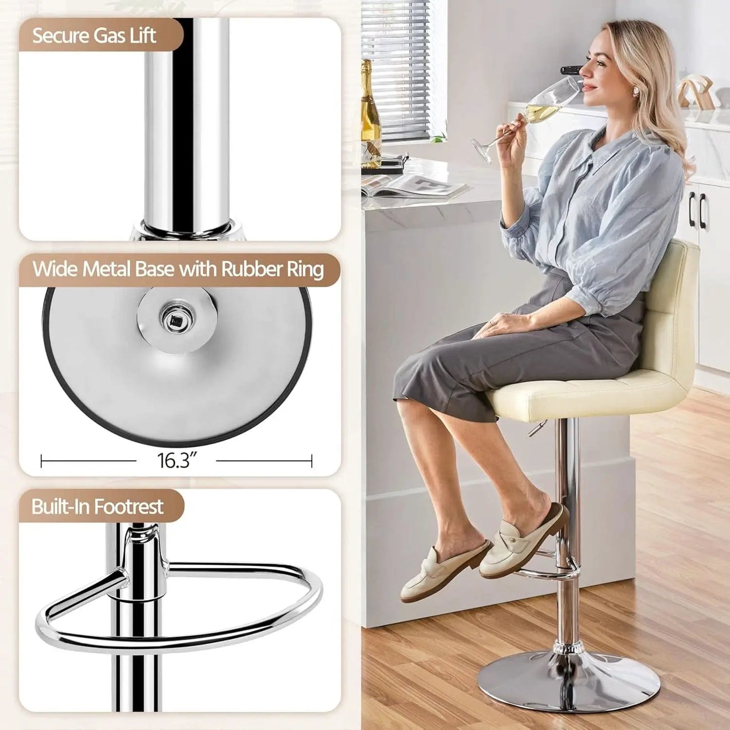 Beige Adjustable PU Leather Swivel Bar Stools Set Of 2 from PriceLows™
