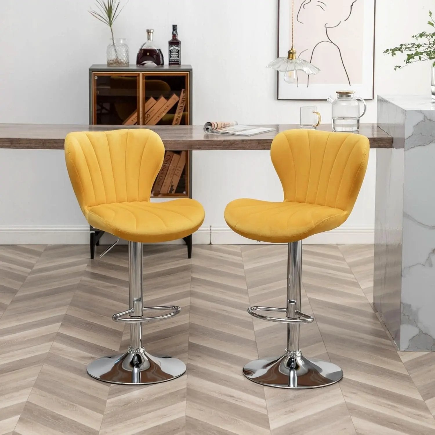 Yellow Adjustable Swivel Bar Stools Set Of 2 For Kitchen from PriceLows™