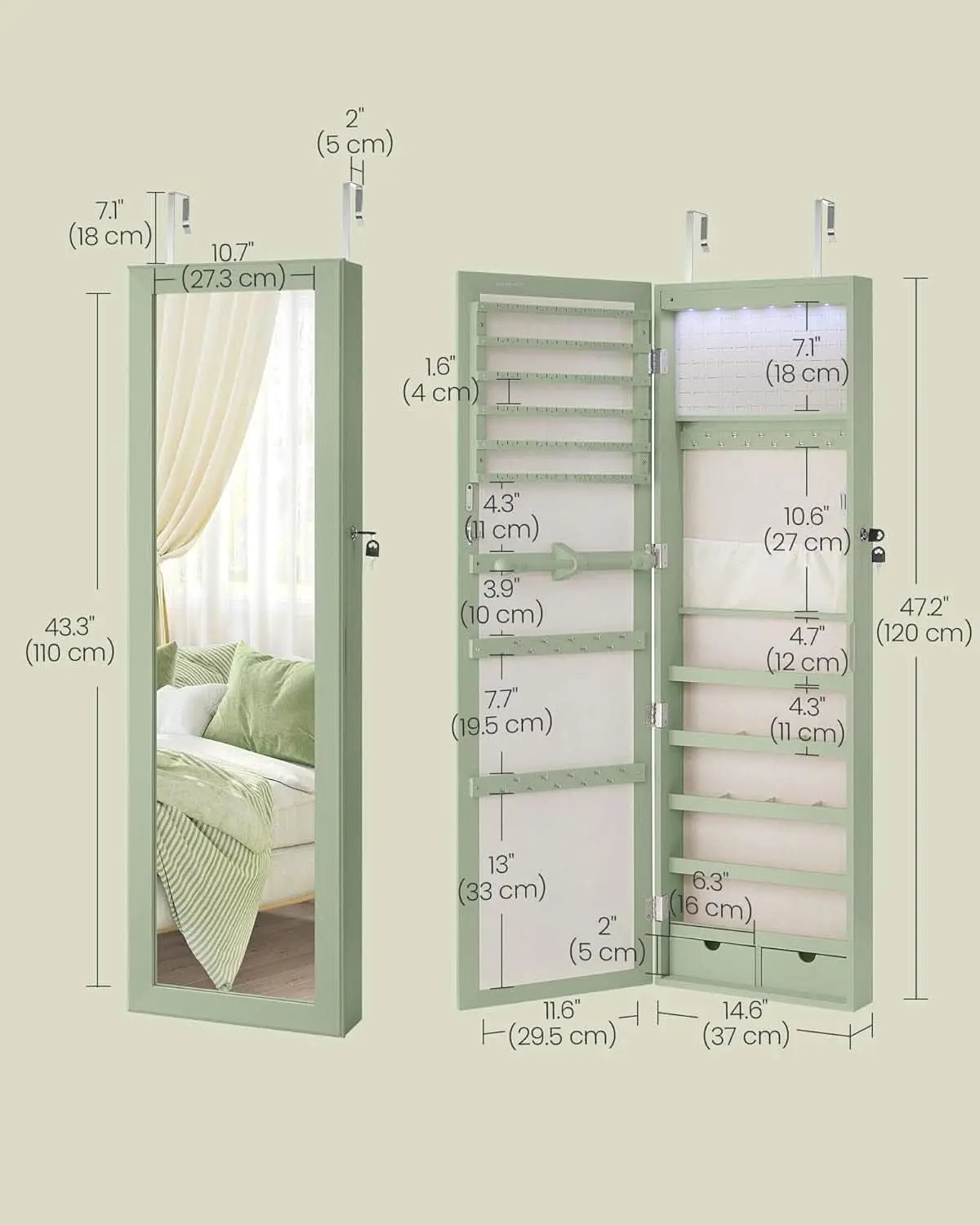 Laurel Green 47 Inch Tall Lockable Mirror Jewelry Armoire from PriceLows™