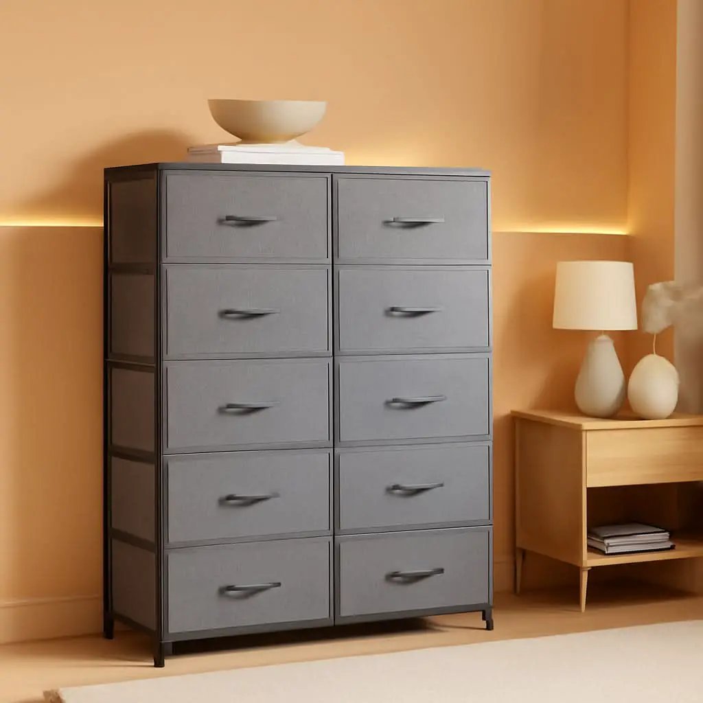 Tall Fabric Dresser With 10 Drawers Dark Grey Metal Frame from PriceLows™
