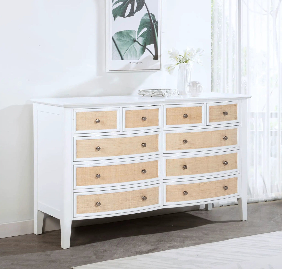 Bexhill 10-drawer Dresser Cabinet | 65 x 21.75 x 39 in | Rattan | White