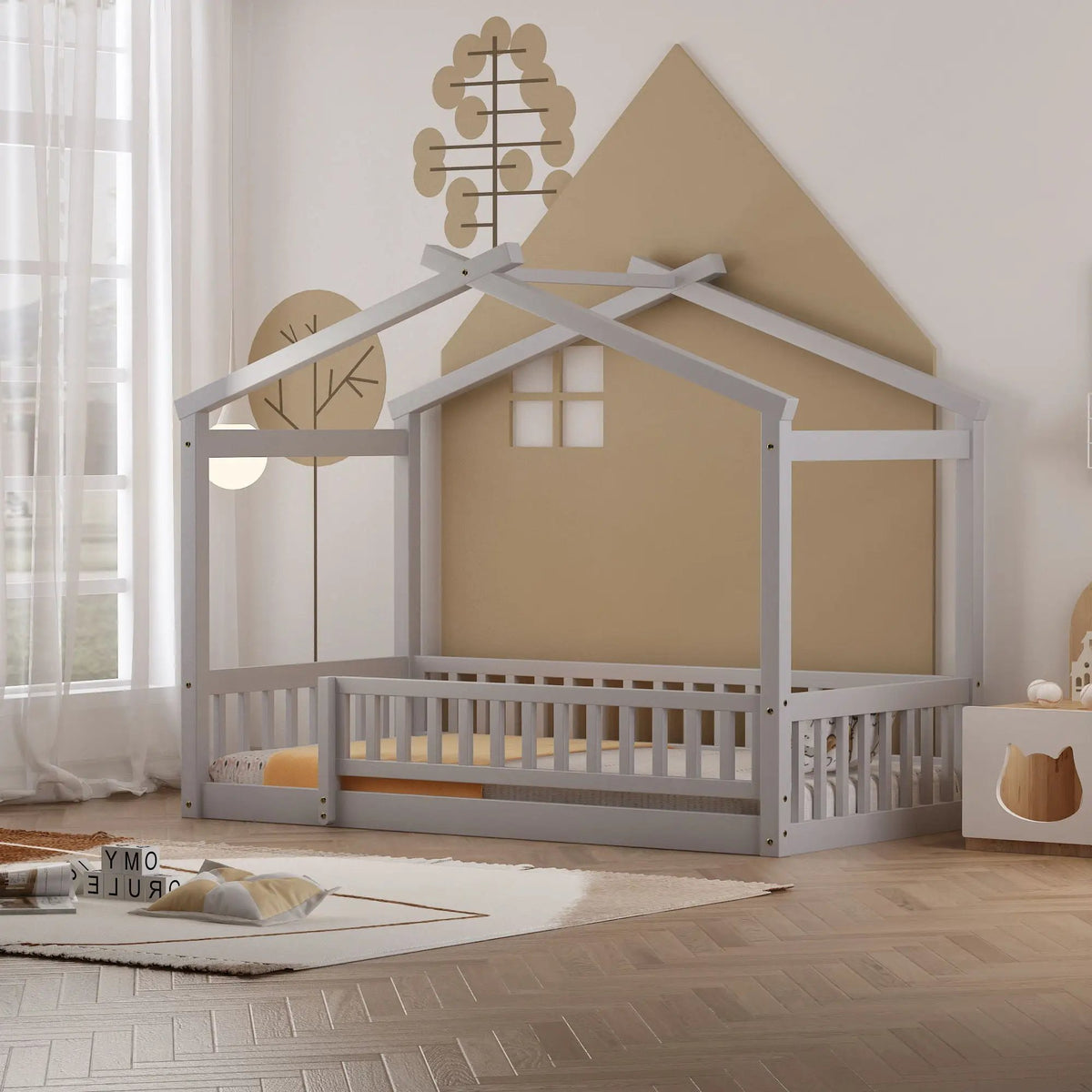 Kids Bed Frame | Playhouse Design | Roof And Fence | Toddler Size