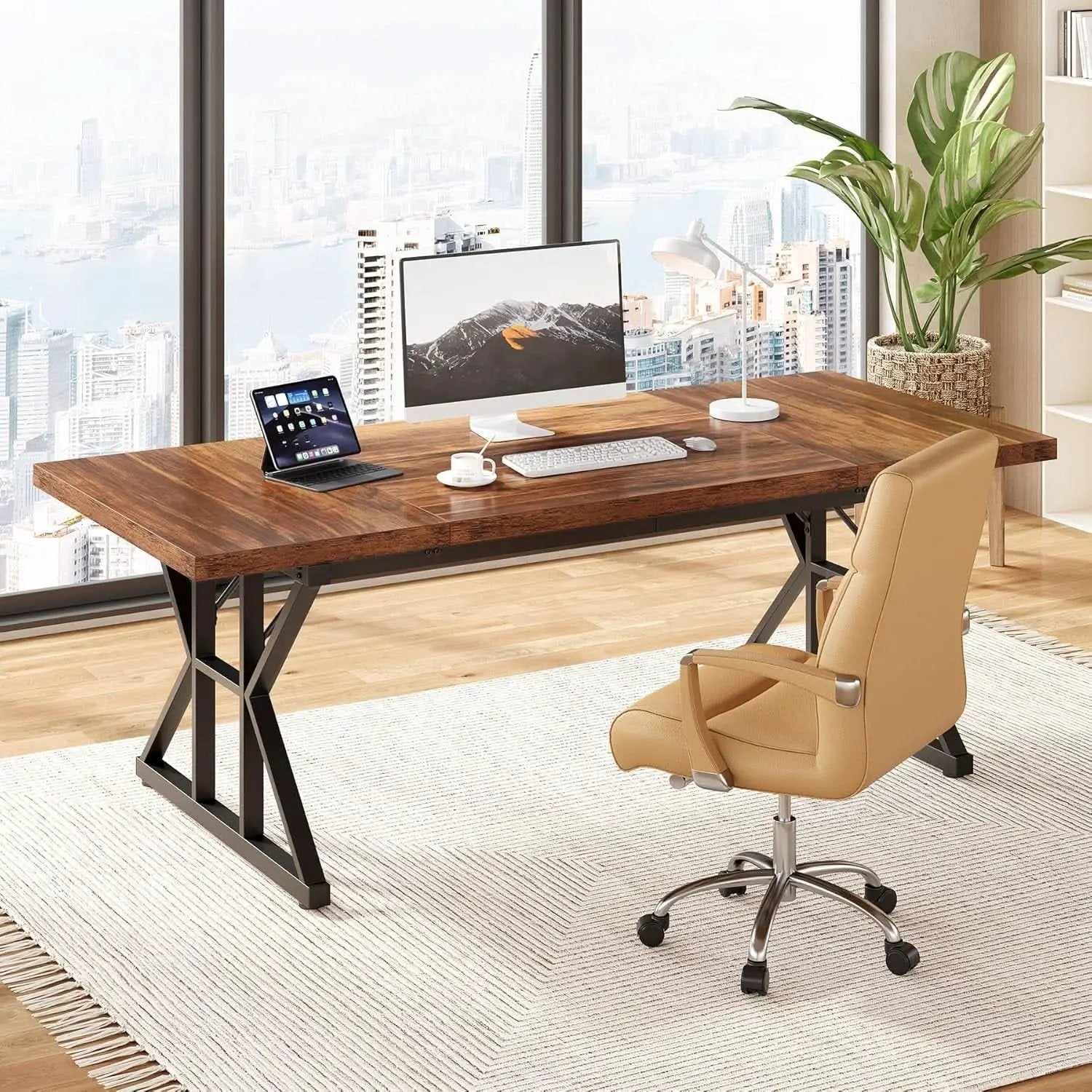 70.8 Inch Modern Executive Desk Brown Black Wood Office from PriceLows™