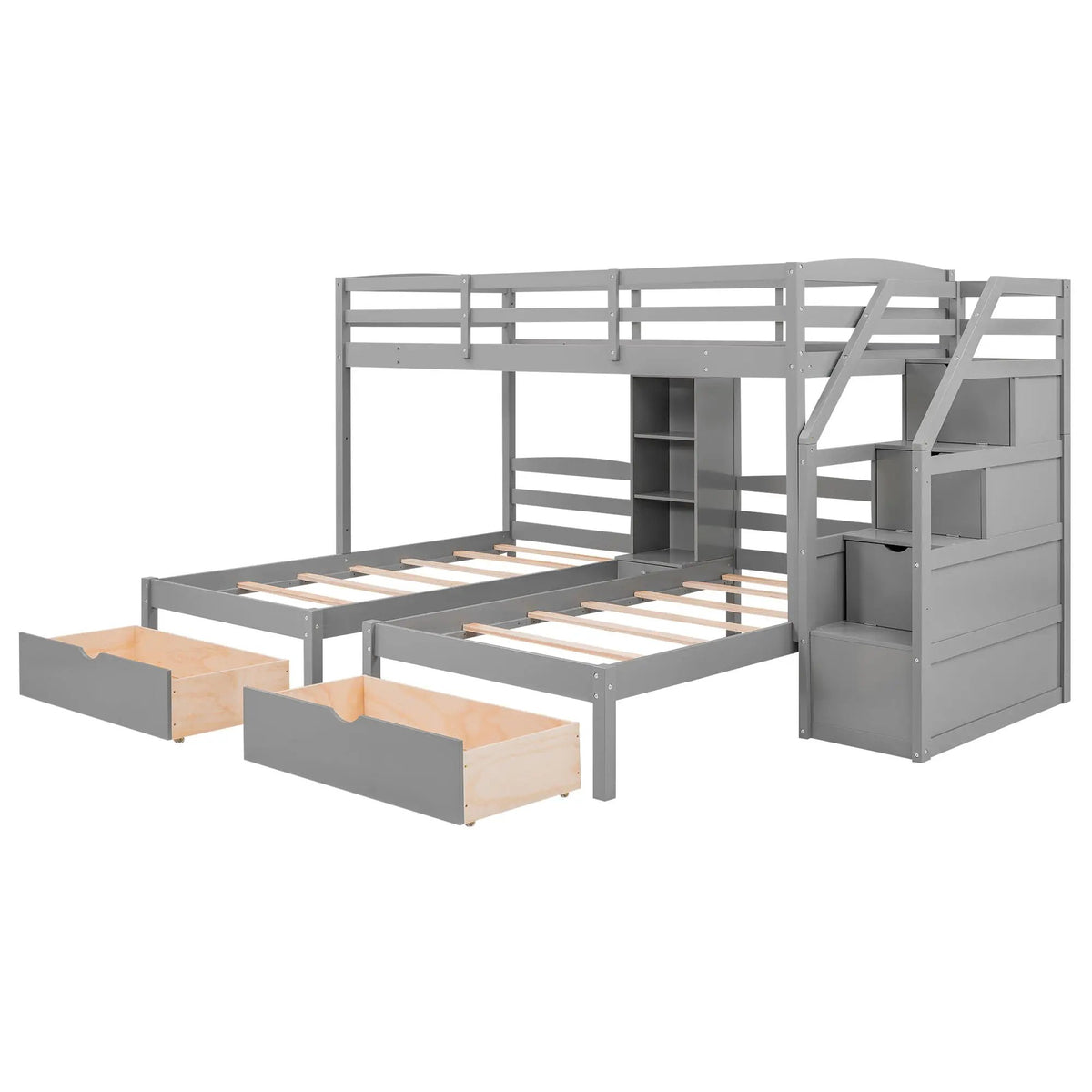 Twin Over Twin And Twin Bunk Bed | Drawers And Staircase Storage | Built-In Shelves | Gray