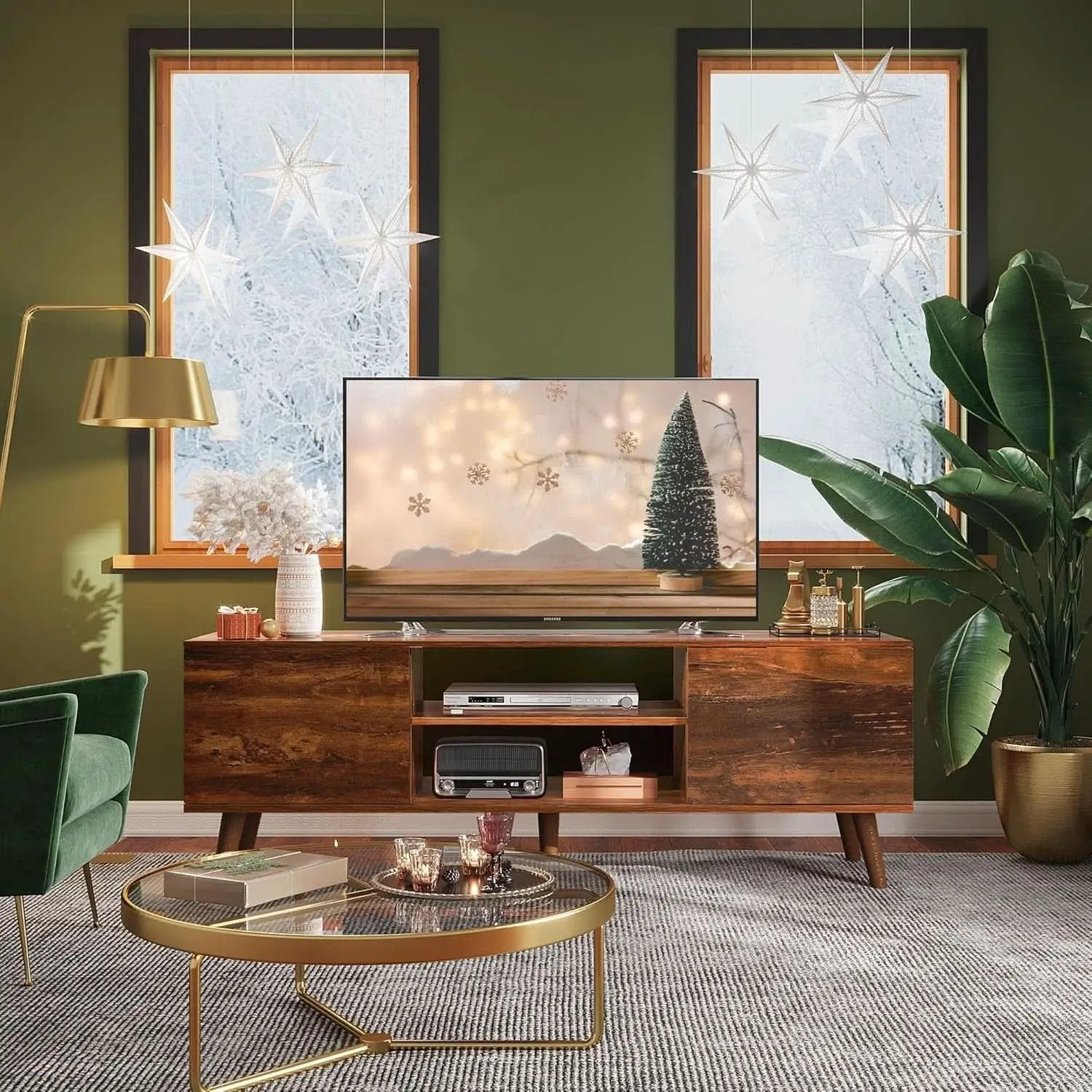 Mid Century TV Stand 55 to 60 Inch Retro Brown Finish from PriceLows™