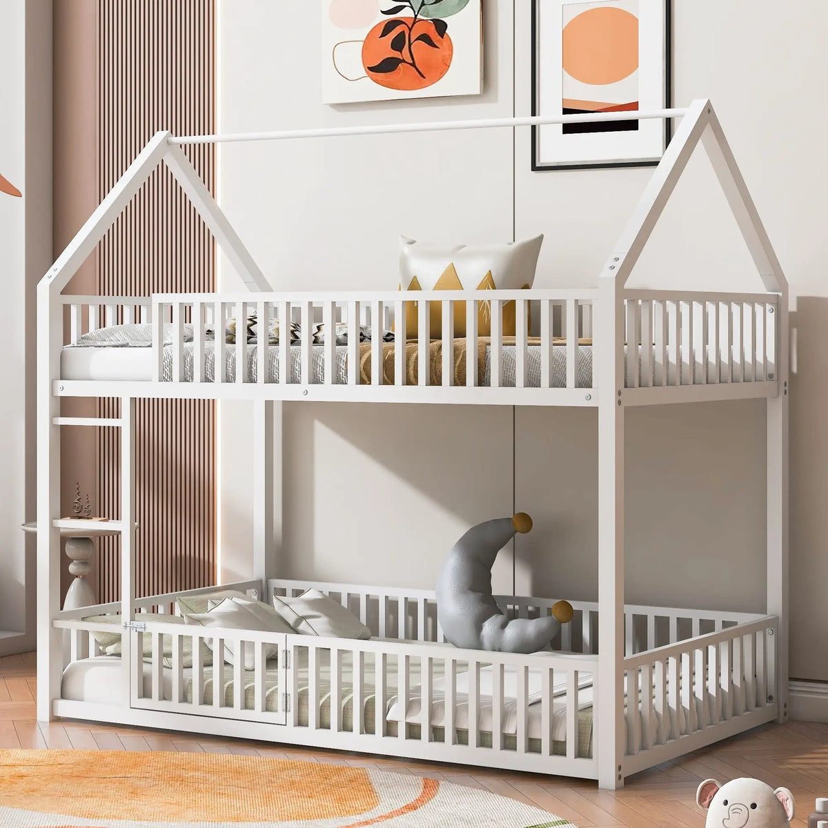 Metal House Bunk Bed | Twin Size | With Fence and Built-In Door