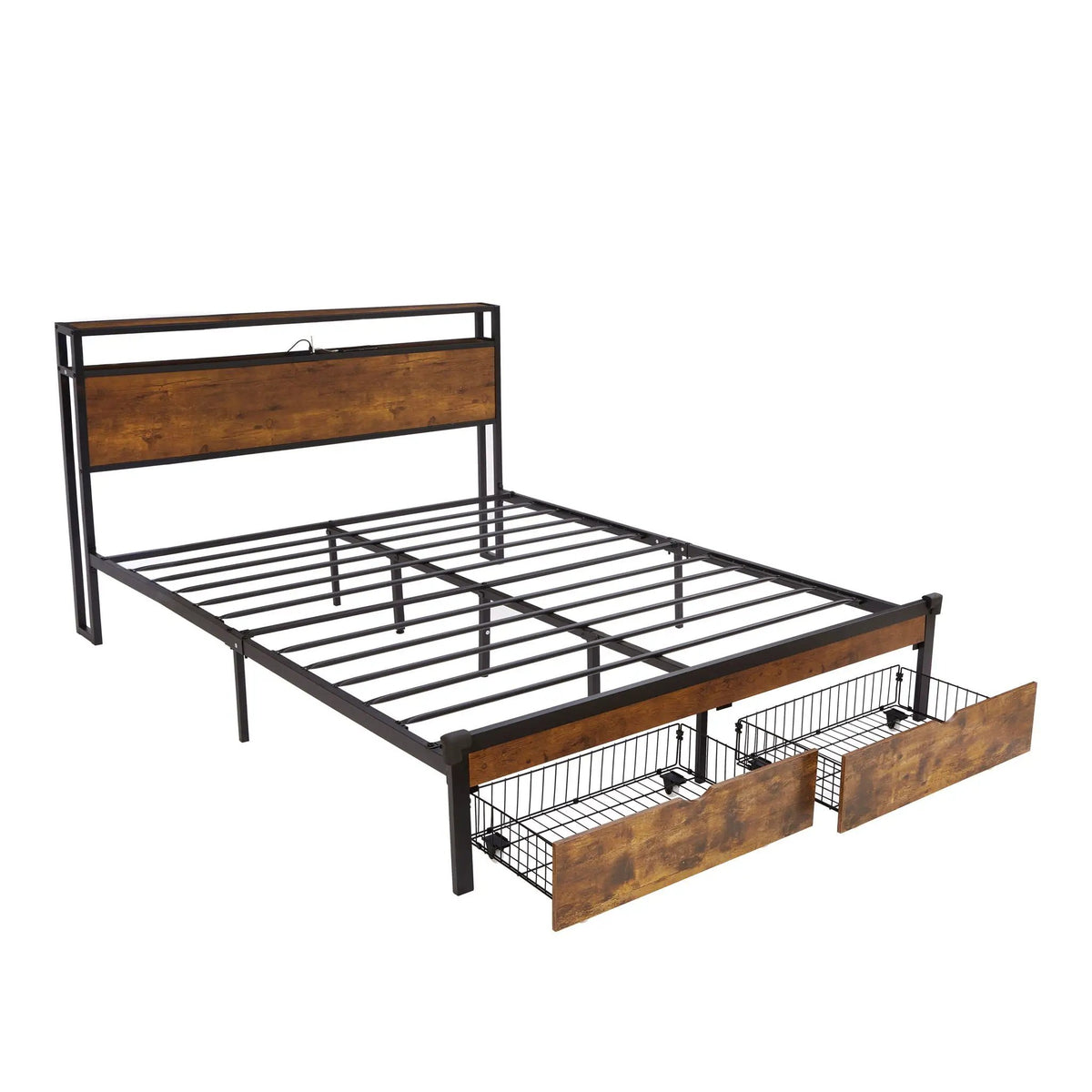 Modern Metal Bed Frame | USB Charging | Dual Storage Drawers | LED Headboard