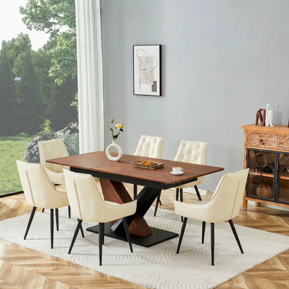 Dining Table, Scratch Resistant, Cross Geometric Legs For Kitchen & Dining Room Dark | 70.89 x 33.5 x 29.3 in | Walnut & Metal | Walnut