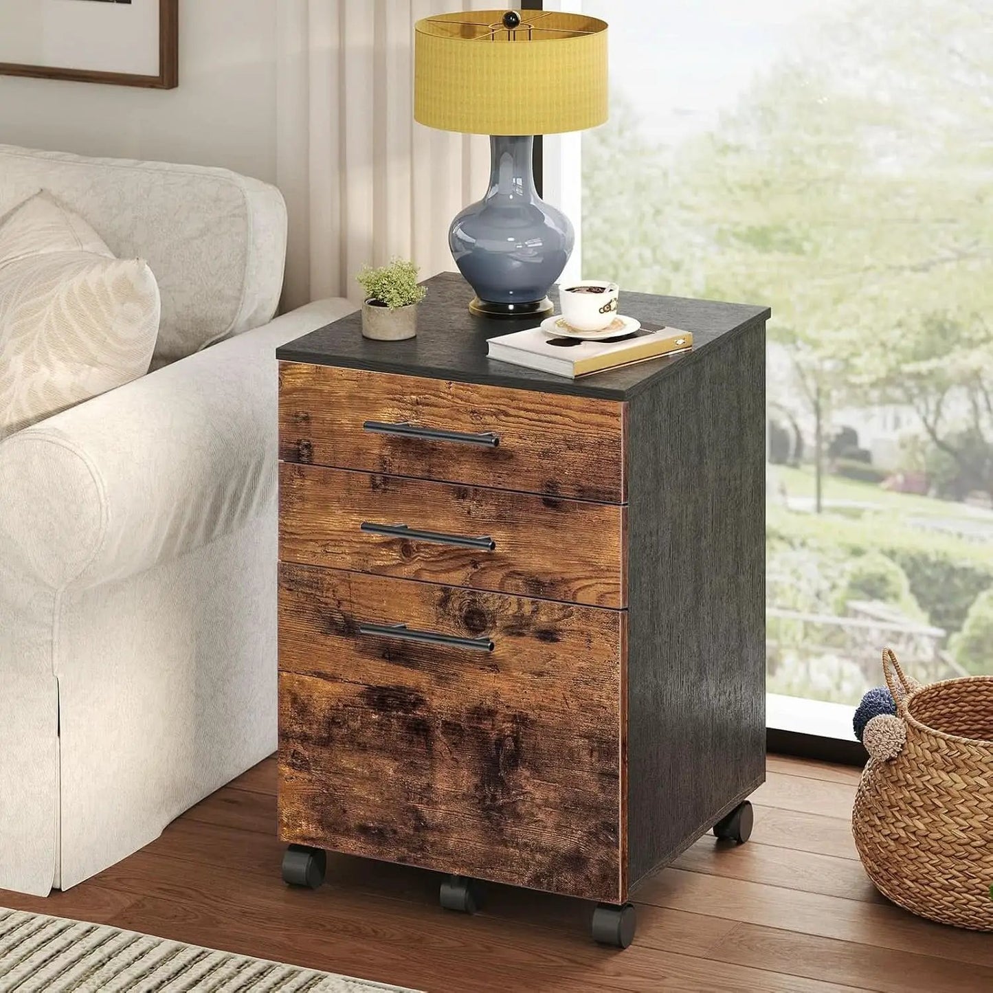 Wooden Three Drawer File Cabinet Under Desk Fits A4 Letter Size Rustic Brown Black Finish With Rolling Storage from PriceLows™