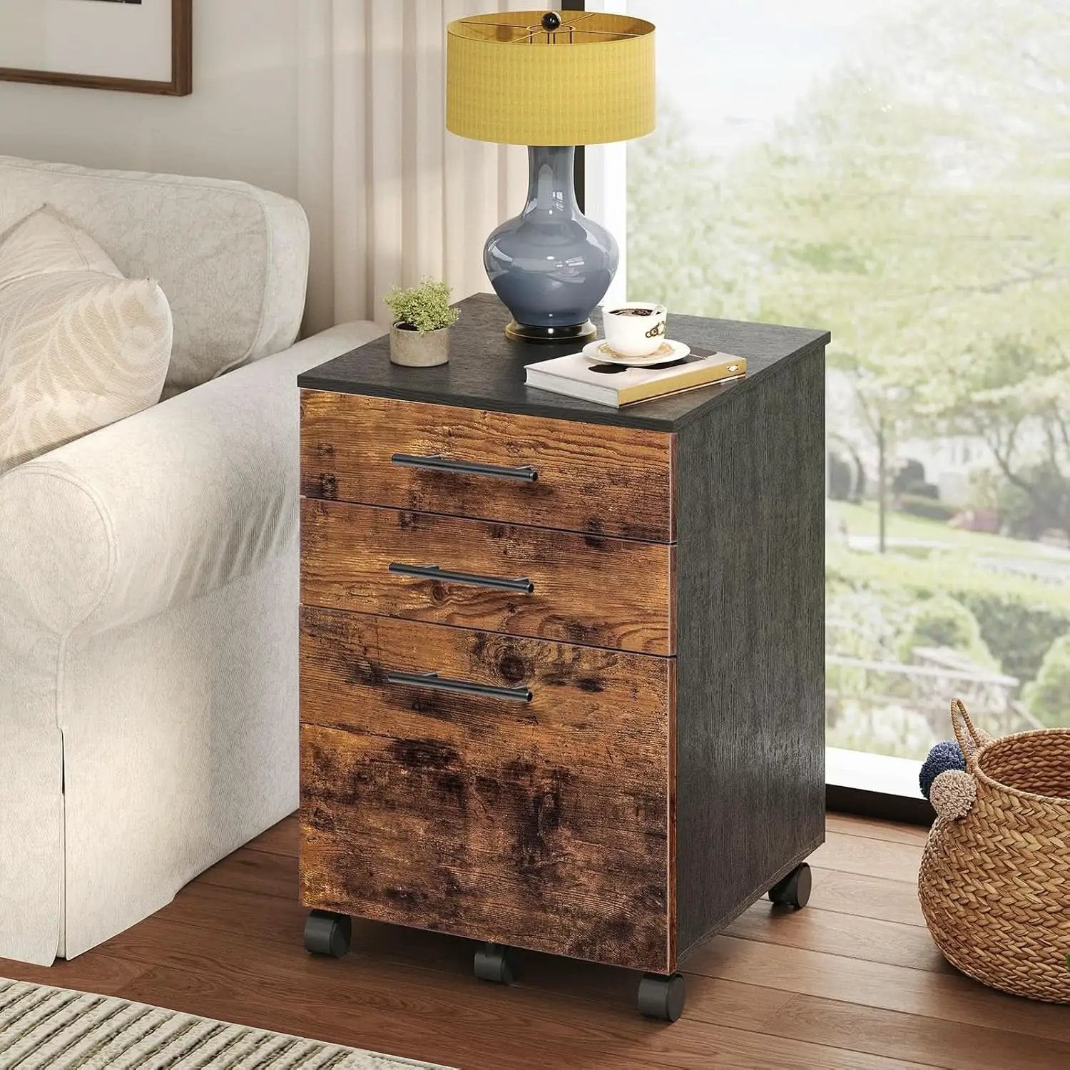 Wooden Three Drawer File Cabinet Under Desk Fits A4 Letter Size Rustic Brown Black Finish With Rolling Storage from PriceLows™