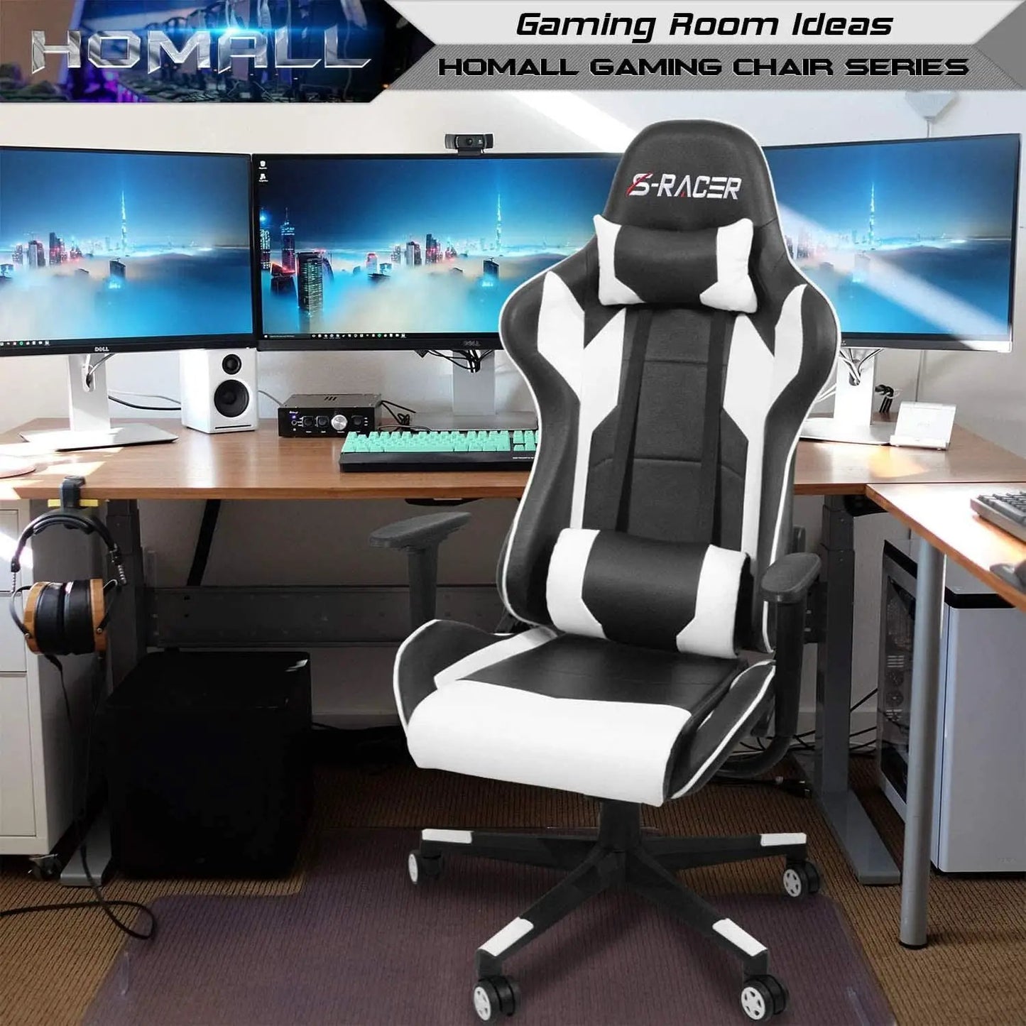 White Leather Ergonomic Gaming Chair With Lumbar Support from PriceLows™