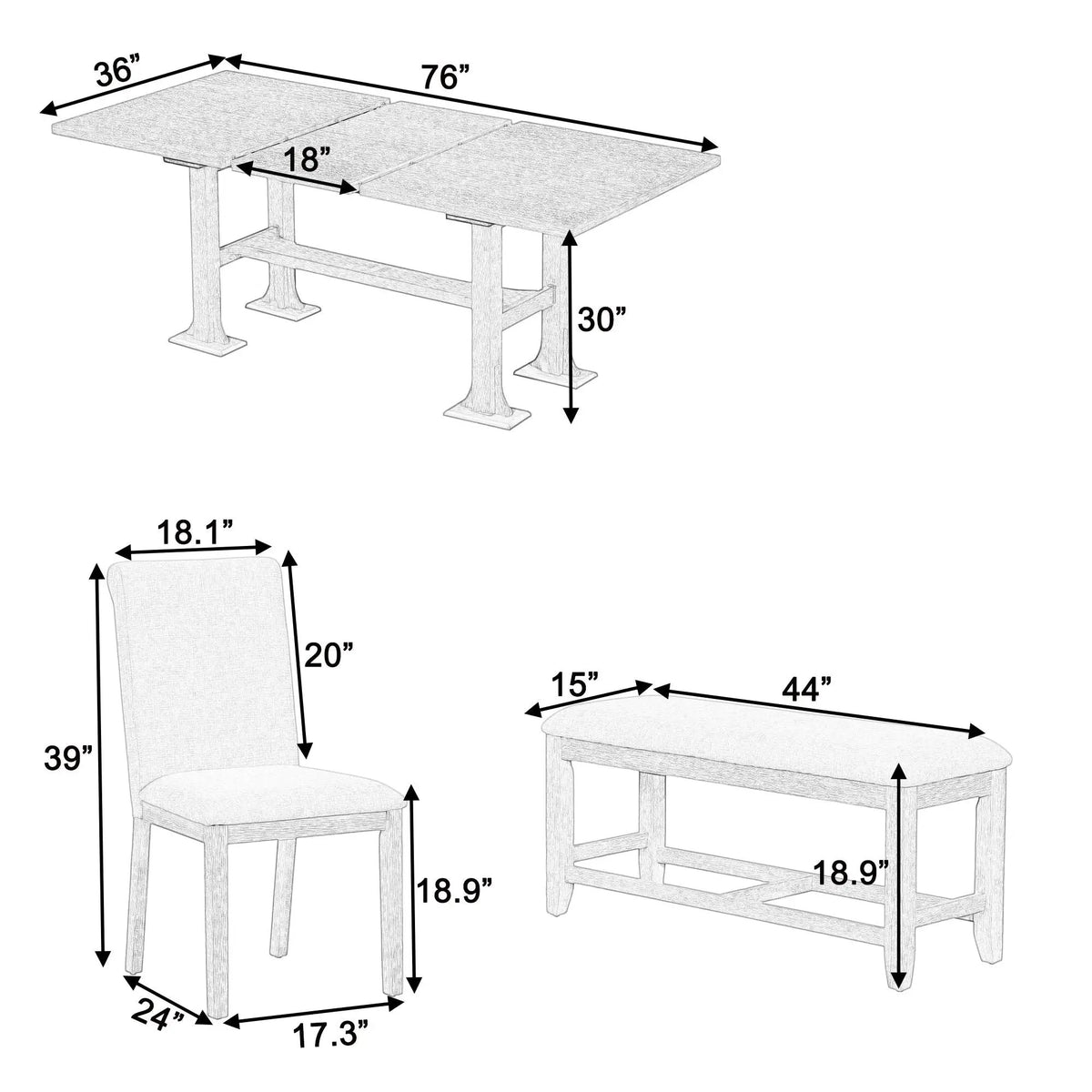 Farmhouse Dining Table Set | Solid Wood | Removable Leaf | 6 Piece
