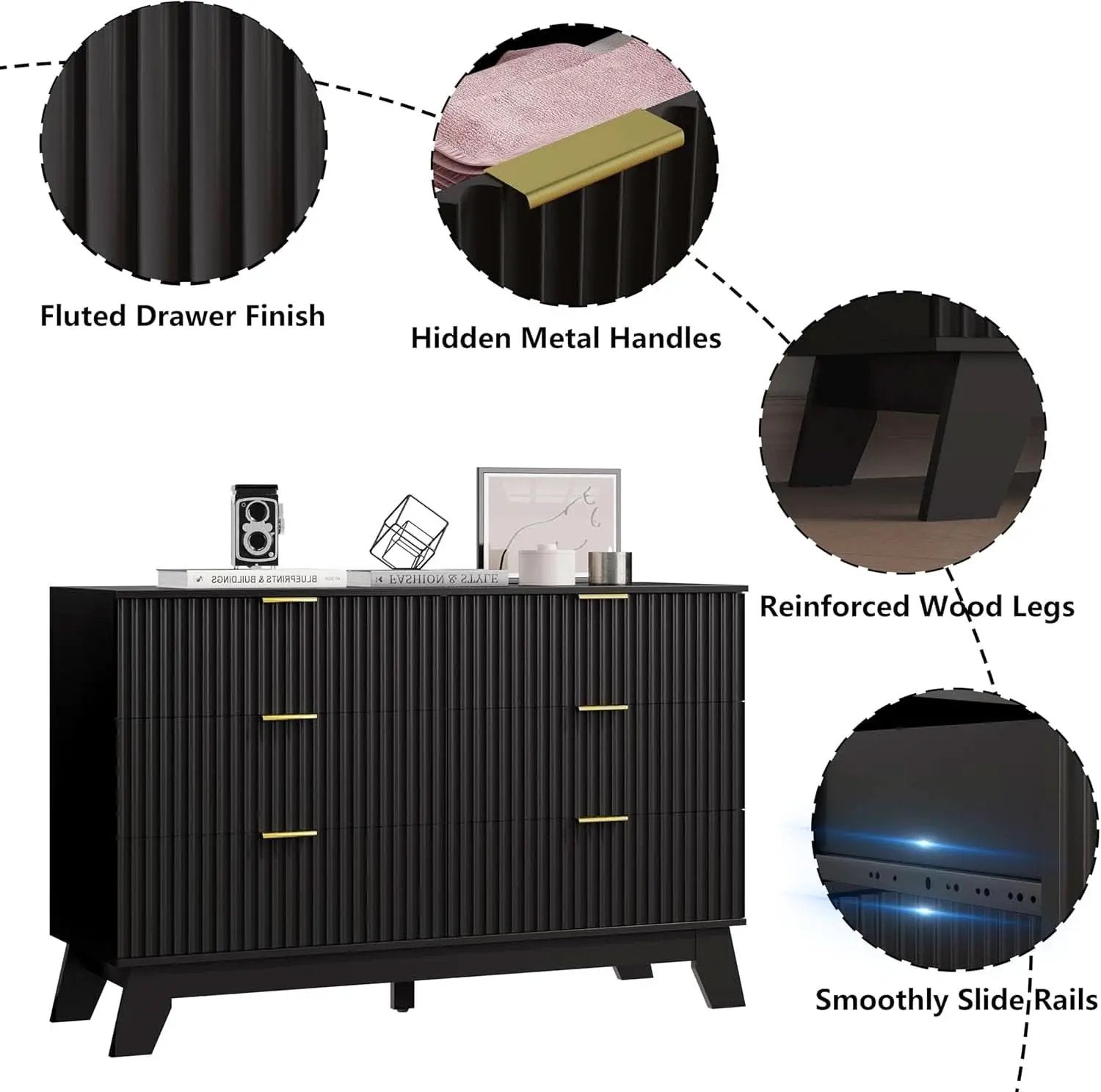 6 Drawer Dresser In Natural Wood With Fluted Front And Gold Handles from PriceLows™