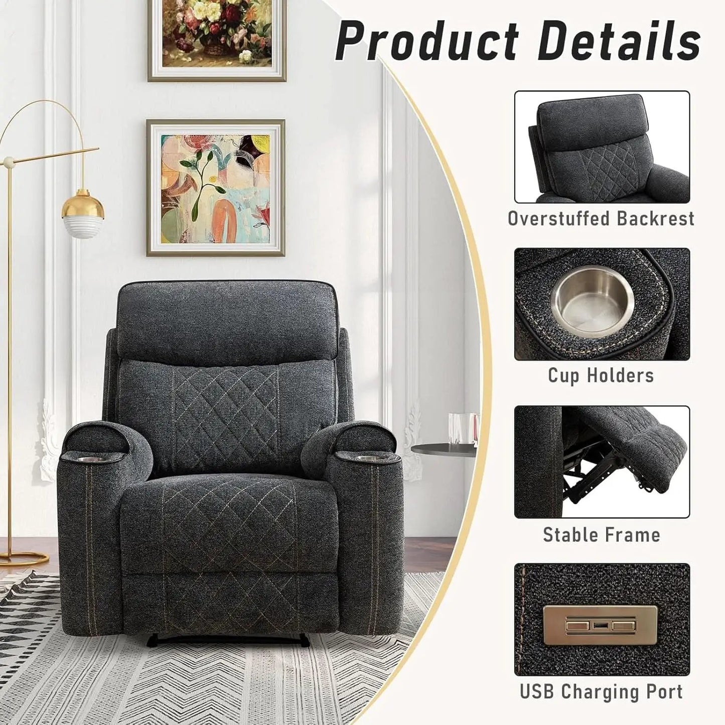 Electric Recliner Chair With Soft Fabric And Cup Holders from PriceLows™