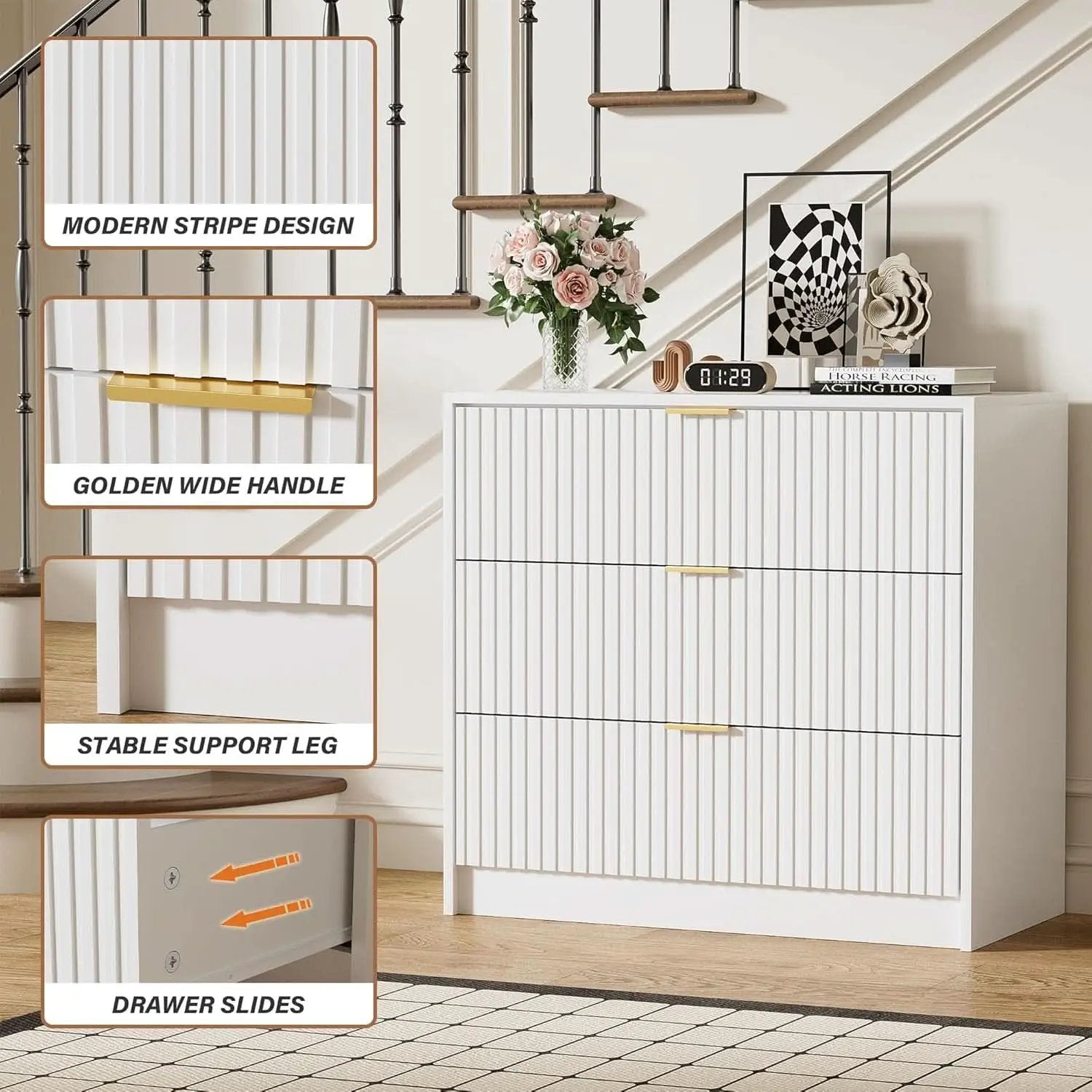 White Contemporary Dresser With Three Drawers And Fluted Panels from PriceLows™