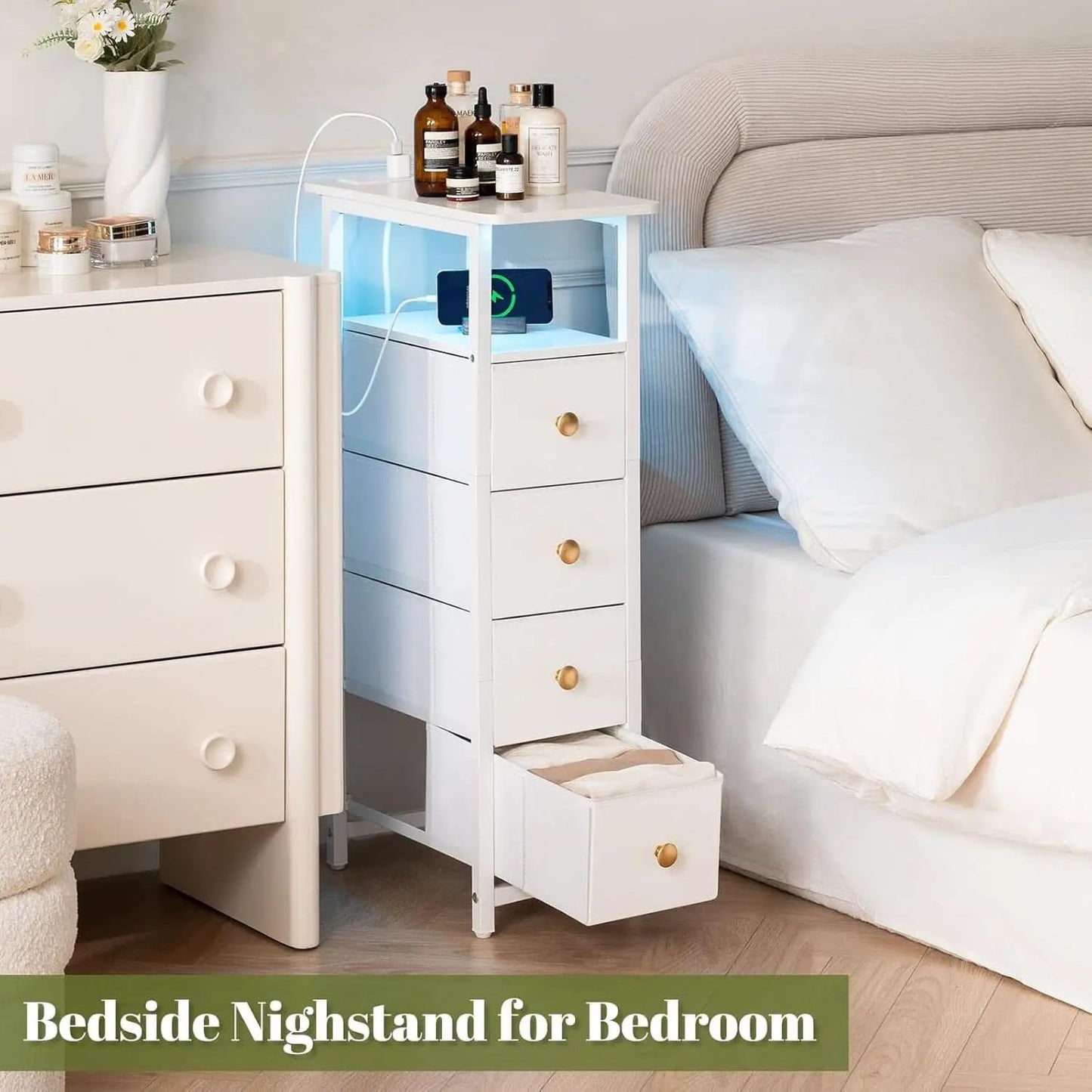 LED Narrow Nightstand With Wireless Charging White from PriceLows™