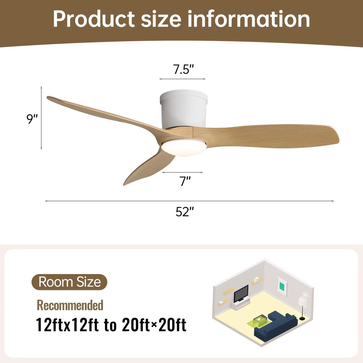 Flush Mount Ceiling Fan | 52 Inch Span | Dimmable LED Light | 3 Blades Reversible DC Motor