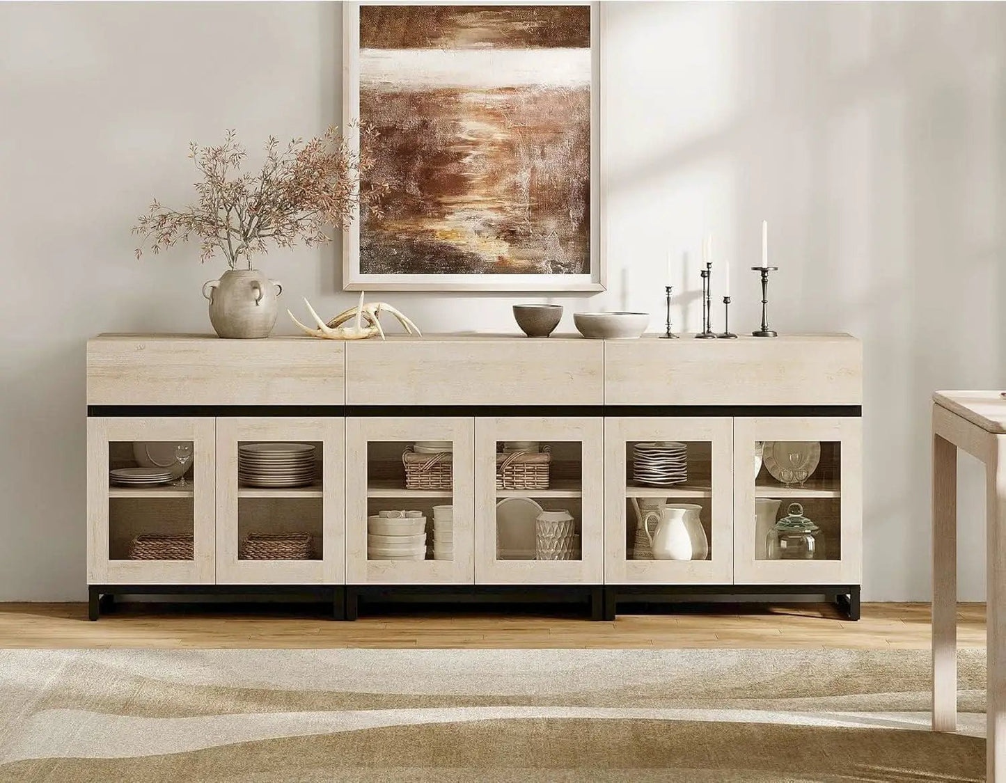 Light Oak Glass Doors Sideboard With Drawers For Dining from PriceLows™