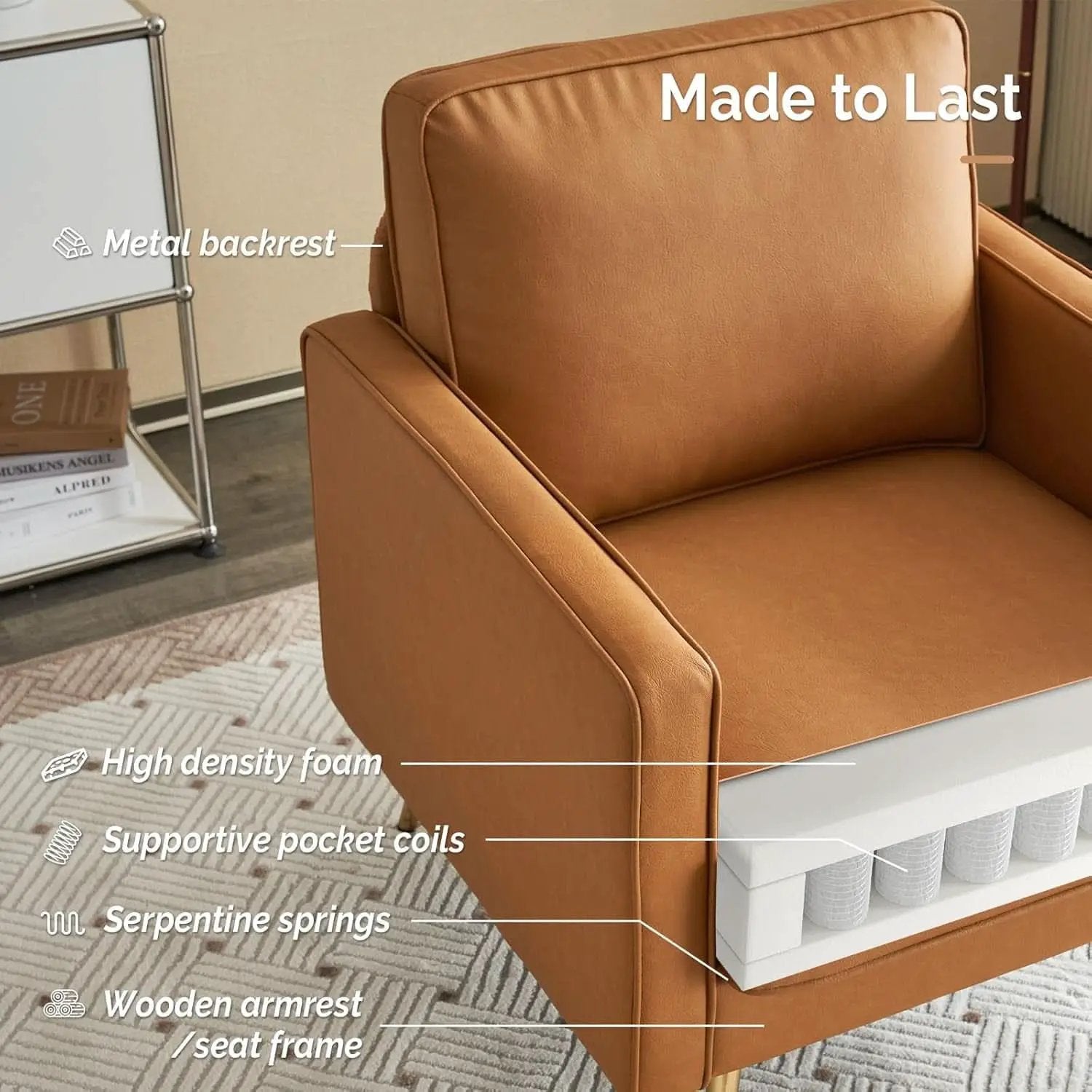 Brown PU Leather Accent Chairs Set Of 2 With Gold Legs from PriceLows™