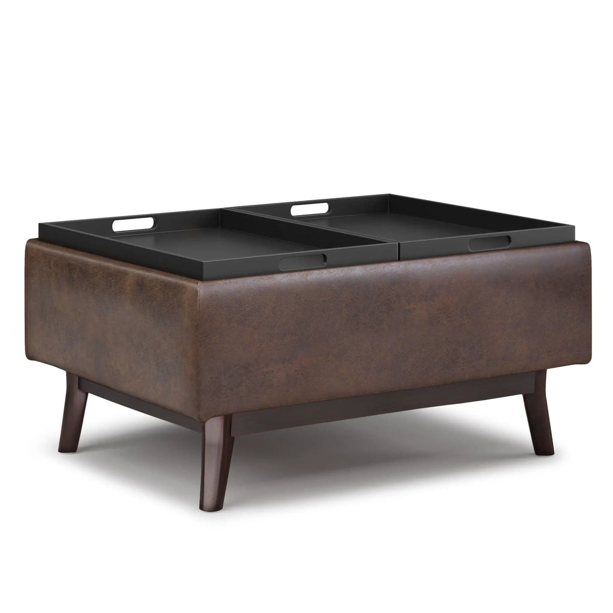 Owen Tray Top Coffee Table Ottoman | Upholstered Storage | Two Flip Over Serving Trays | Small Size