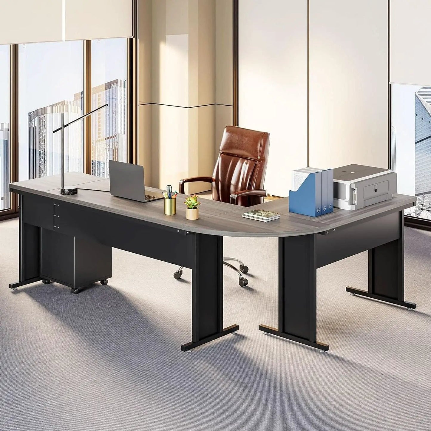 83in Gray Farmhouse L Shaped Desk With Mobile File Cabinet from PriceLows™