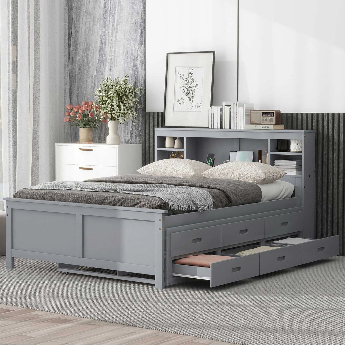 Platform Bed | Storage Headboard | USB Ports | Twin Trundle